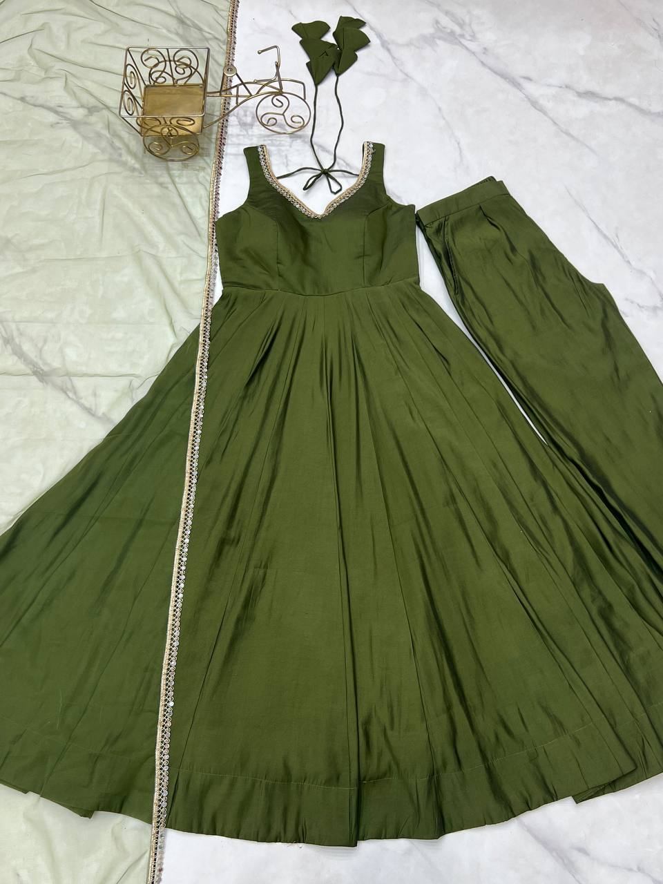 Mehendi Green Color Roman Silk Chanderi Anarkali Gown Set - Aarti Chauhan