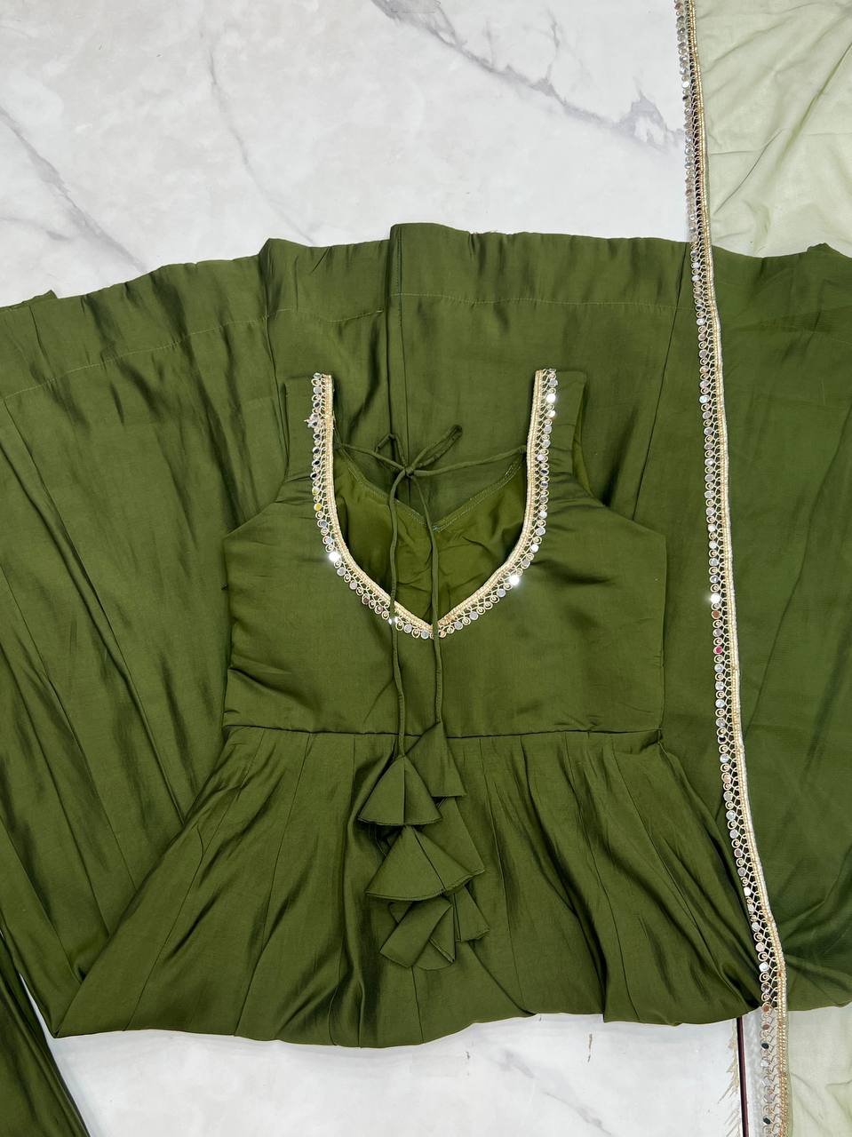 Mehendi Green Color Roman Silk Chanderi Anarkali Gown Set - Aarti Chauhan