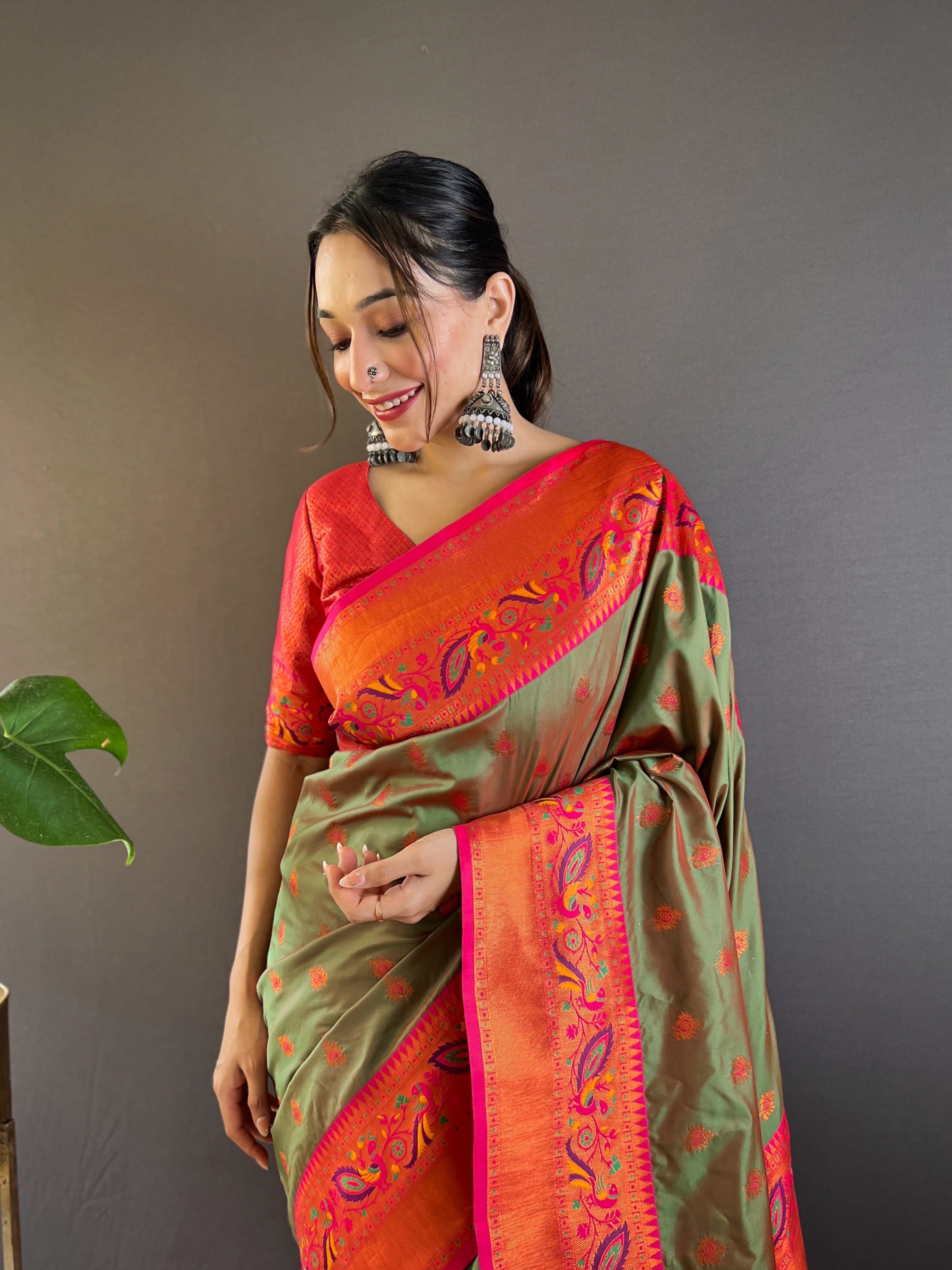 Mehndi Green Design Silk Paithani Kanjivaram Saree