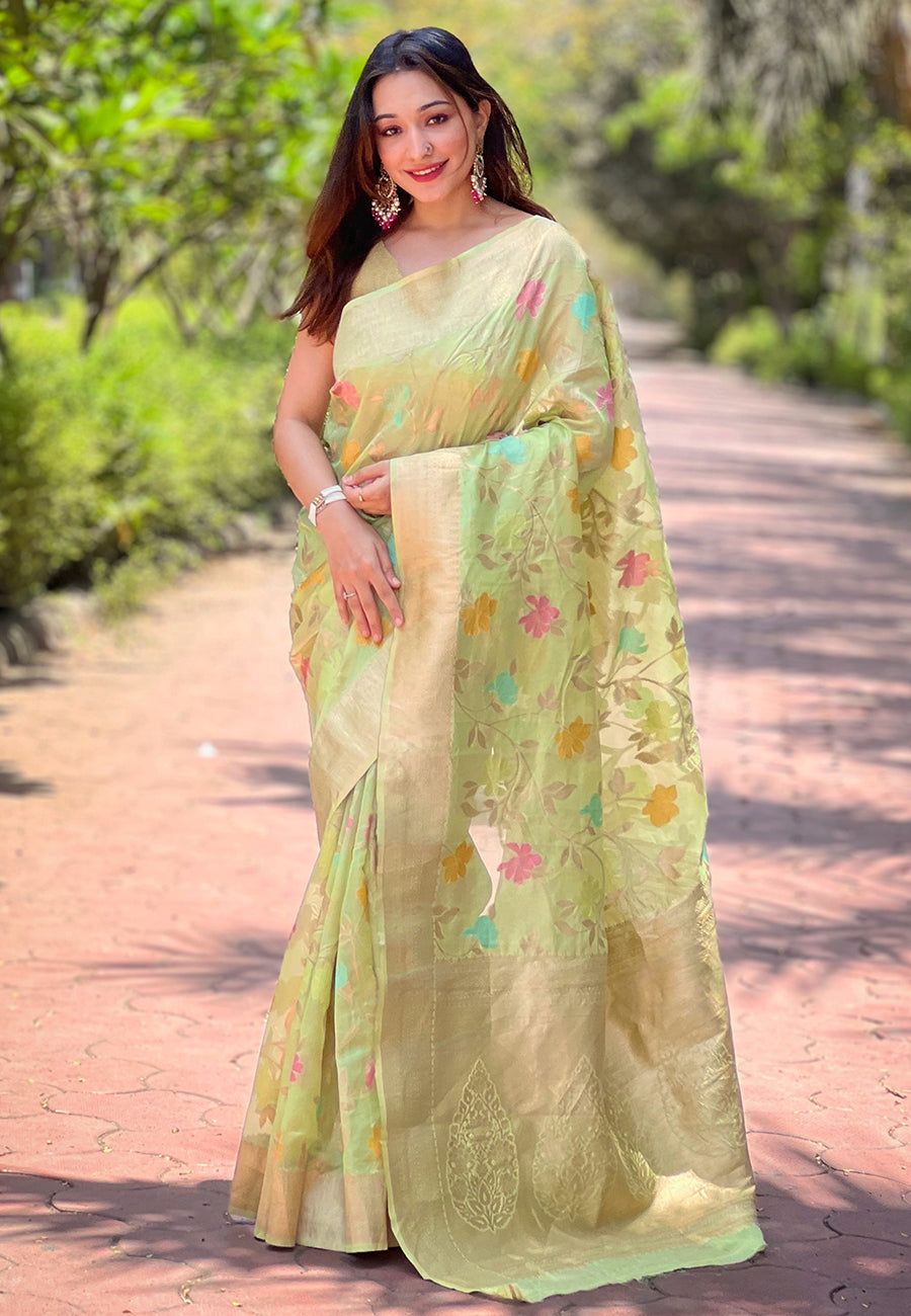 MintGreen Meenakari Floral Zari Woven Saree