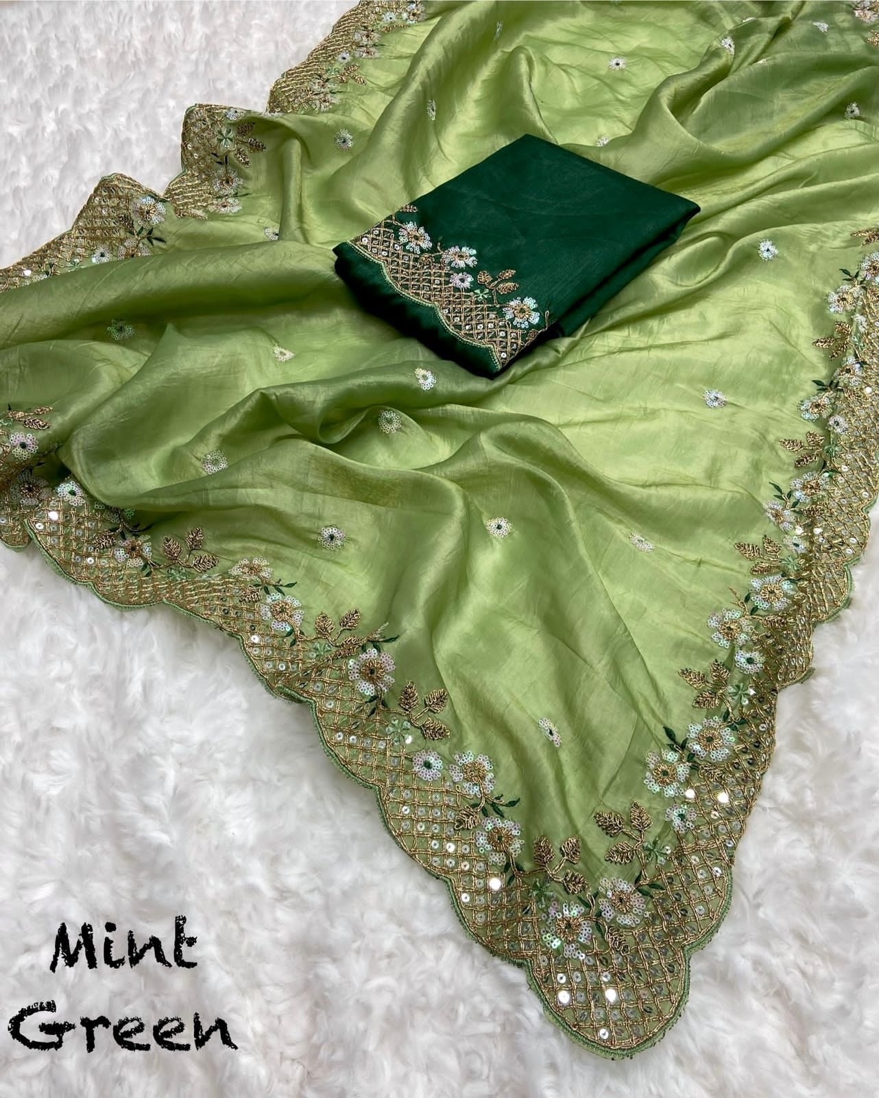 Mint Green Wedding Gold Crush Saree