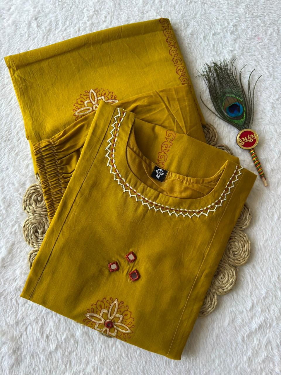 Mustard Color Cotton A-Line Kurti Pant Dupatta Set | Nardev Fashion