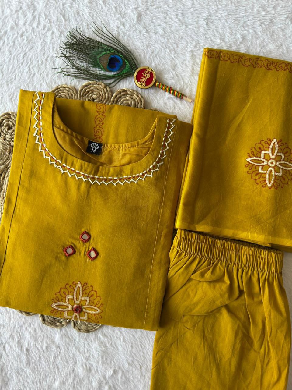 Mustard Color Cotton A-Line Kurti Pant Dupatta Set | Nardev Fashion