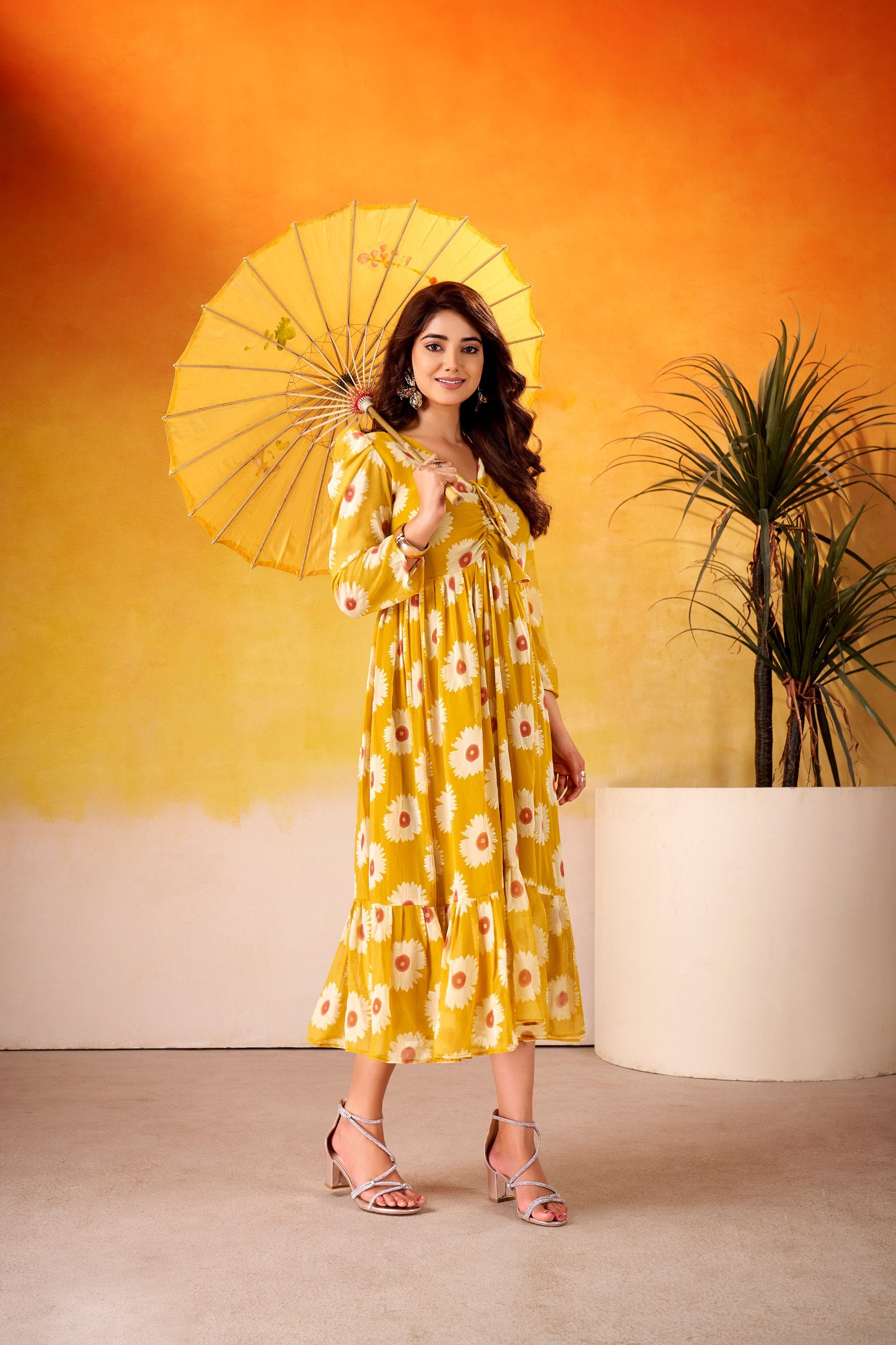 Mustard Girlish Frock - Floral Print Midi Gown | Nardev Fashion
