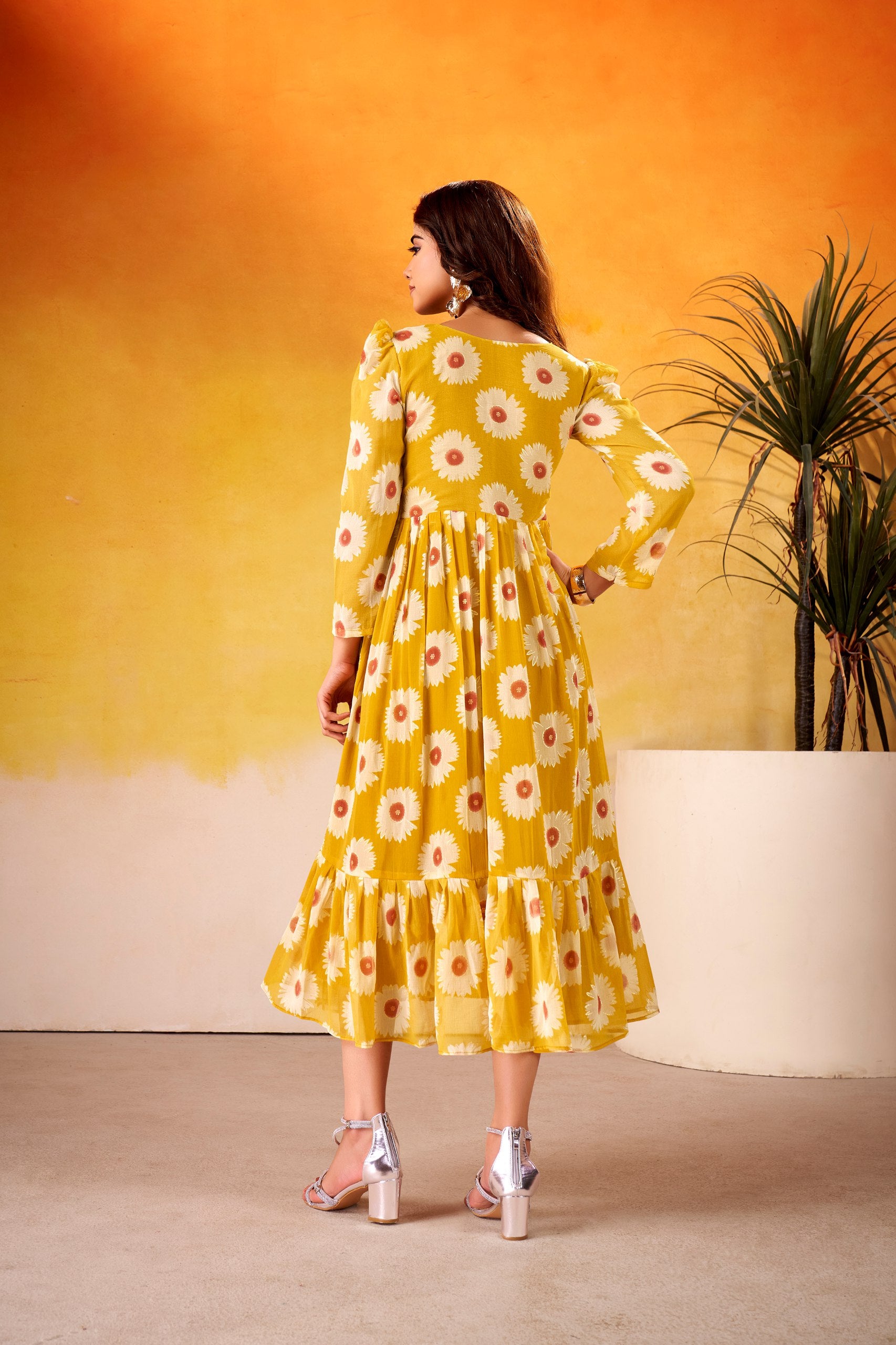 Mustard Girlish Frock - Floral Print Midi Gown | Nardev Fashion