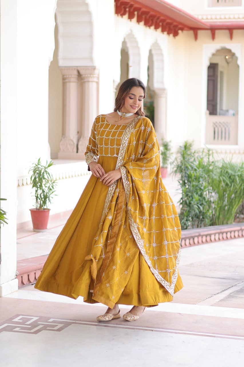 Mustard Premium Readymade Gown with Dupatta | Wedding & Festive Wear | Nardev Fashion 