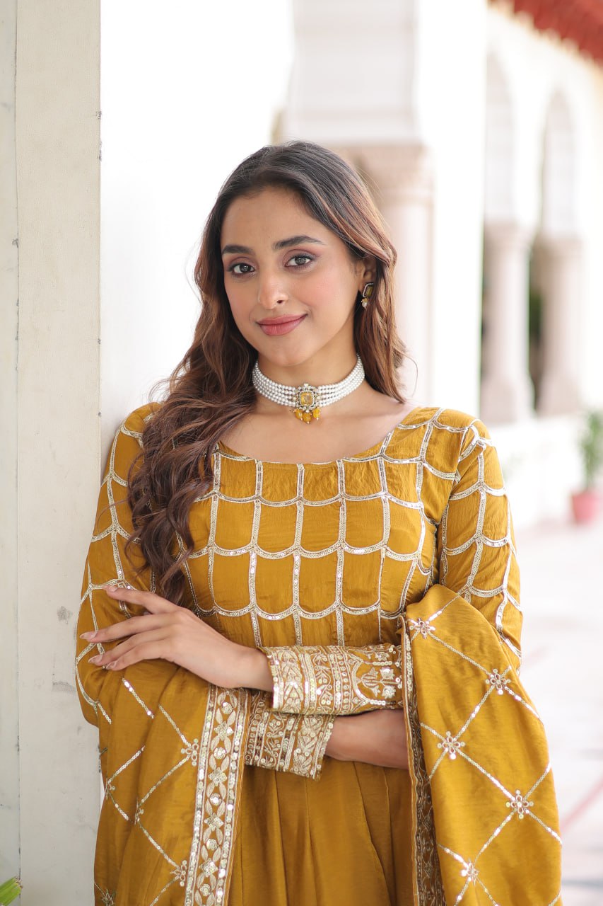 Mustard Premium Readymade Gown with Dupatta | Wedding & Festive Wear | Nardev Fashion 