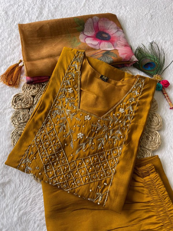 Mustard Yelow Handwork Kurta Pant Dupatta