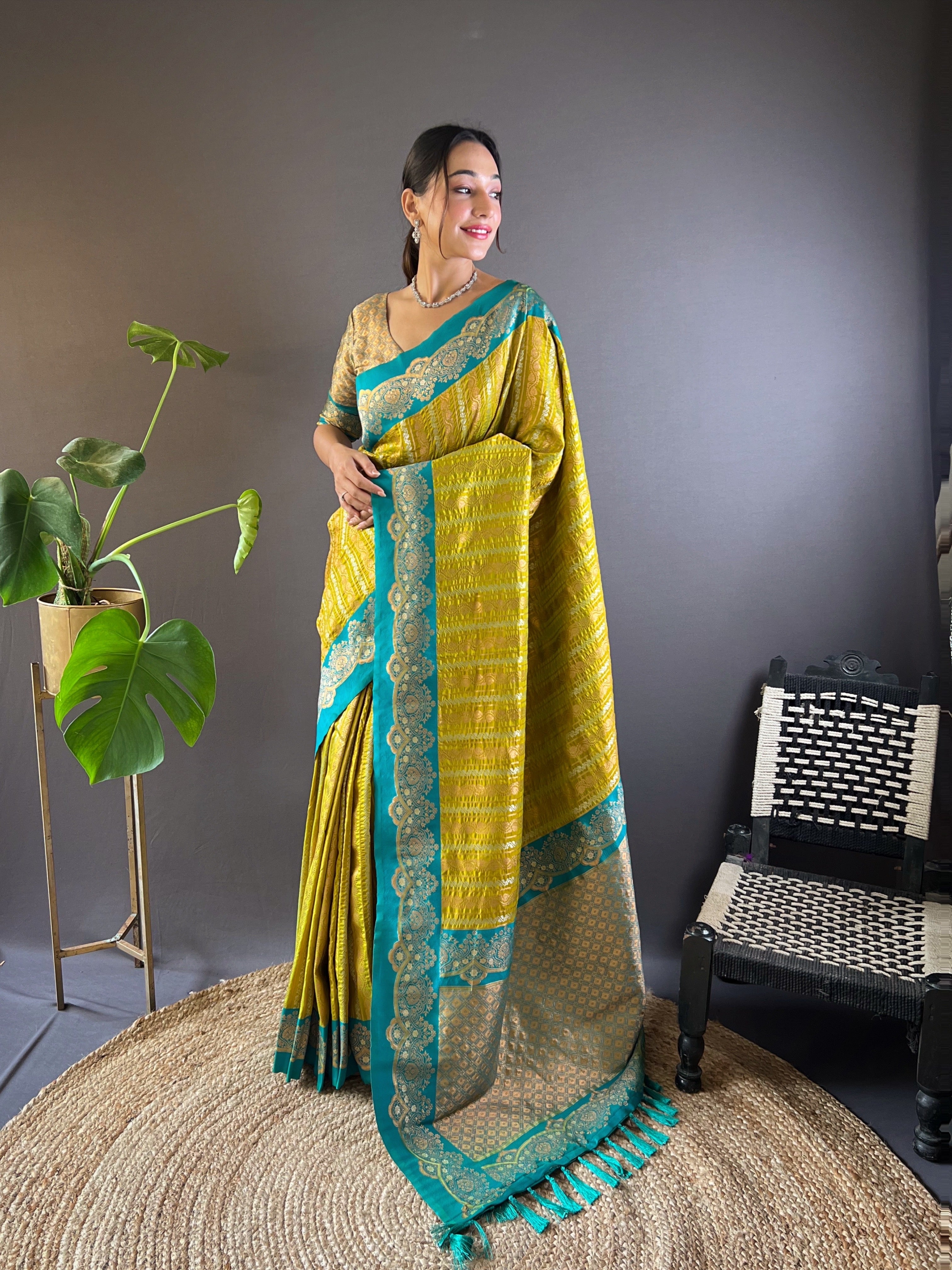 Mustard Zari Woven Partywear Saree