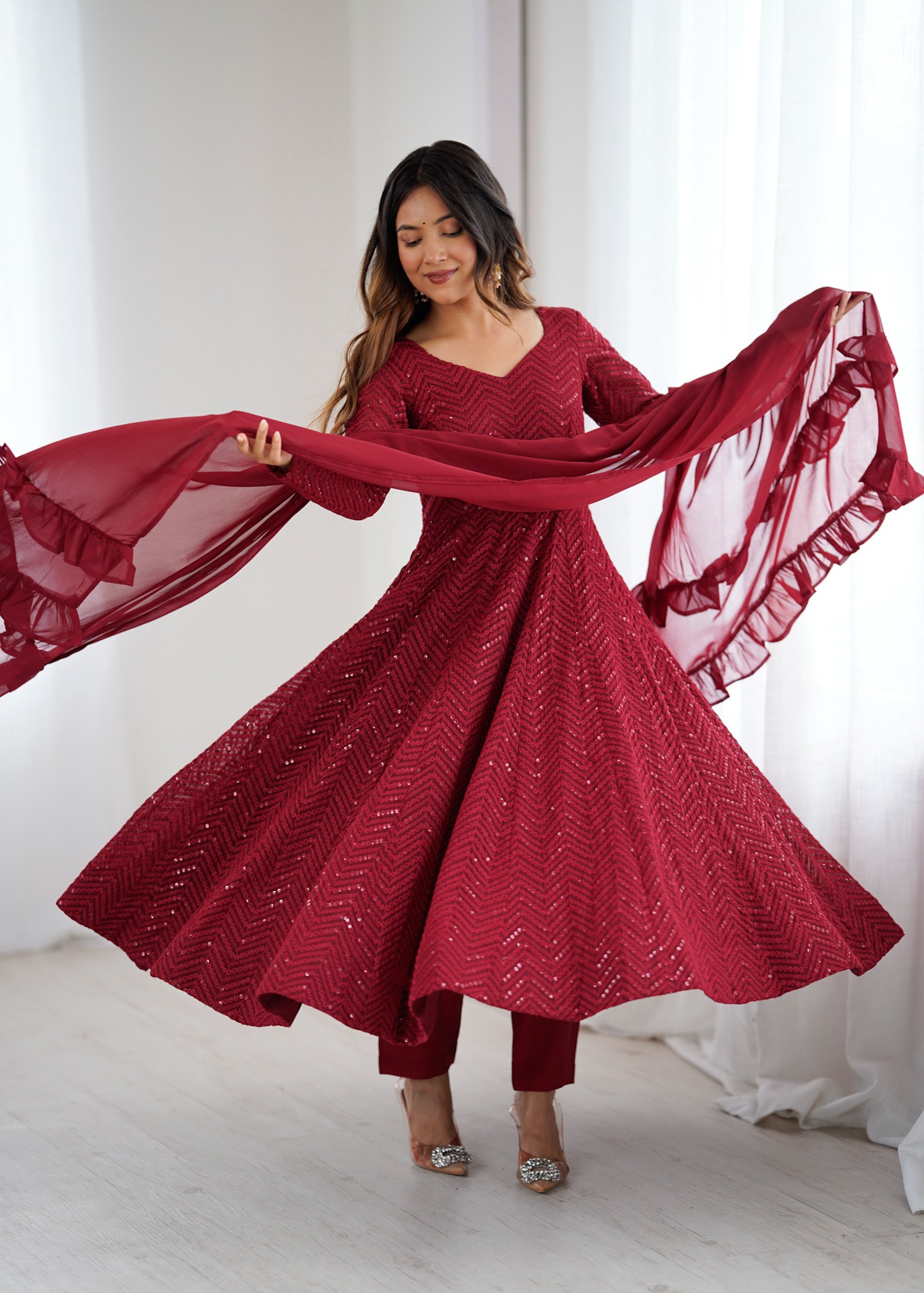 Nardev Fashion Maroon Color Lucknowi Anarkali Gown Set - Aarti Chauhan
