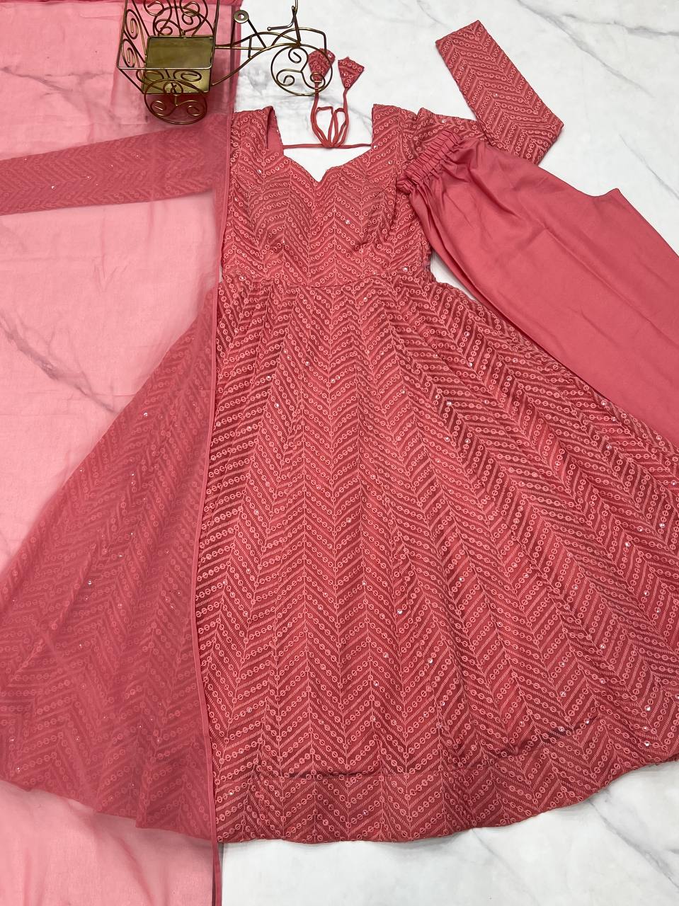 Nardev Fashion Onion Color Lucknowi Anarkali Gown Set - Aarti Chauhan