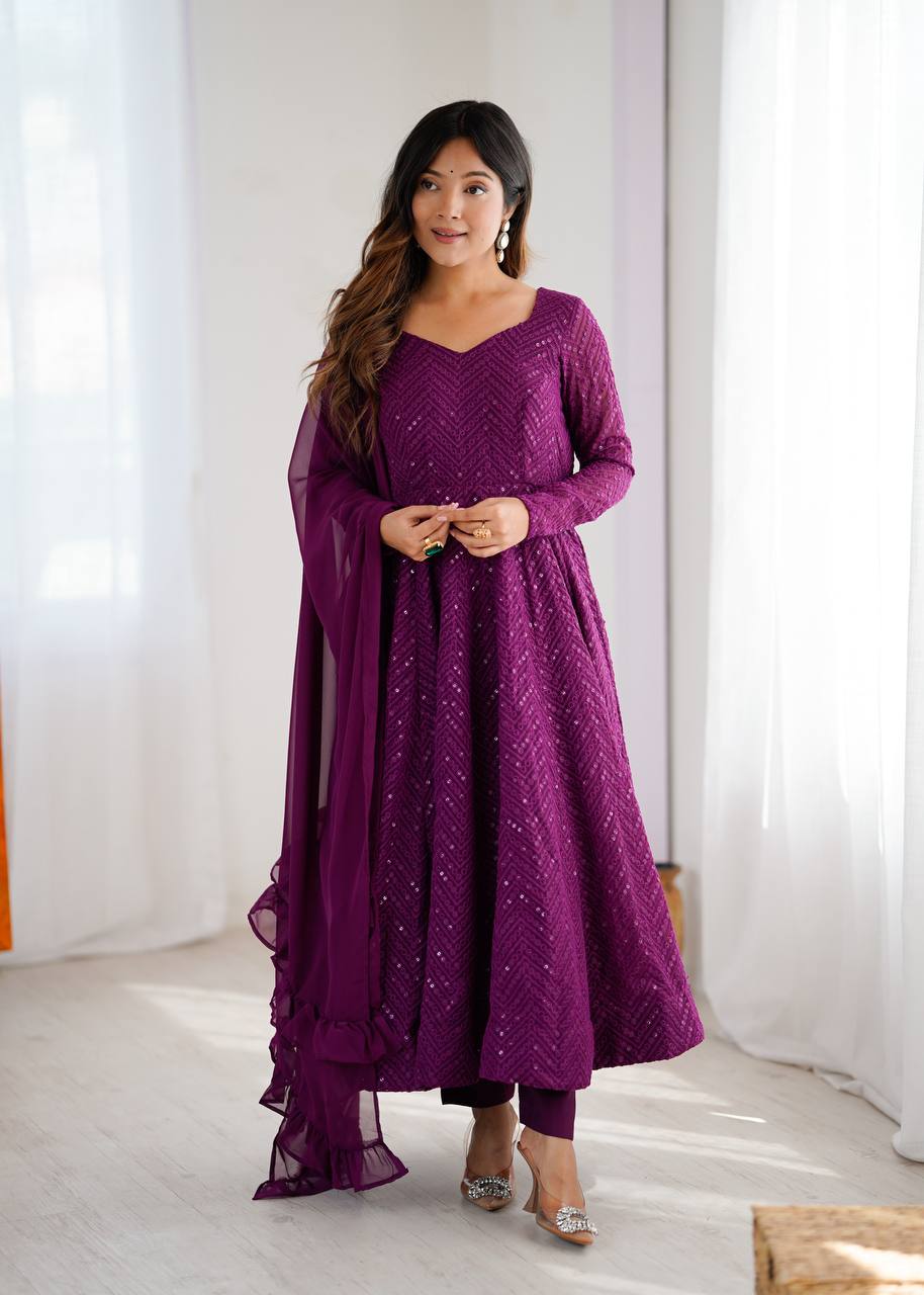 Nardev Fashion Purple Color Lucknowi Anarkali Gown Set - Aarti Chauhan
