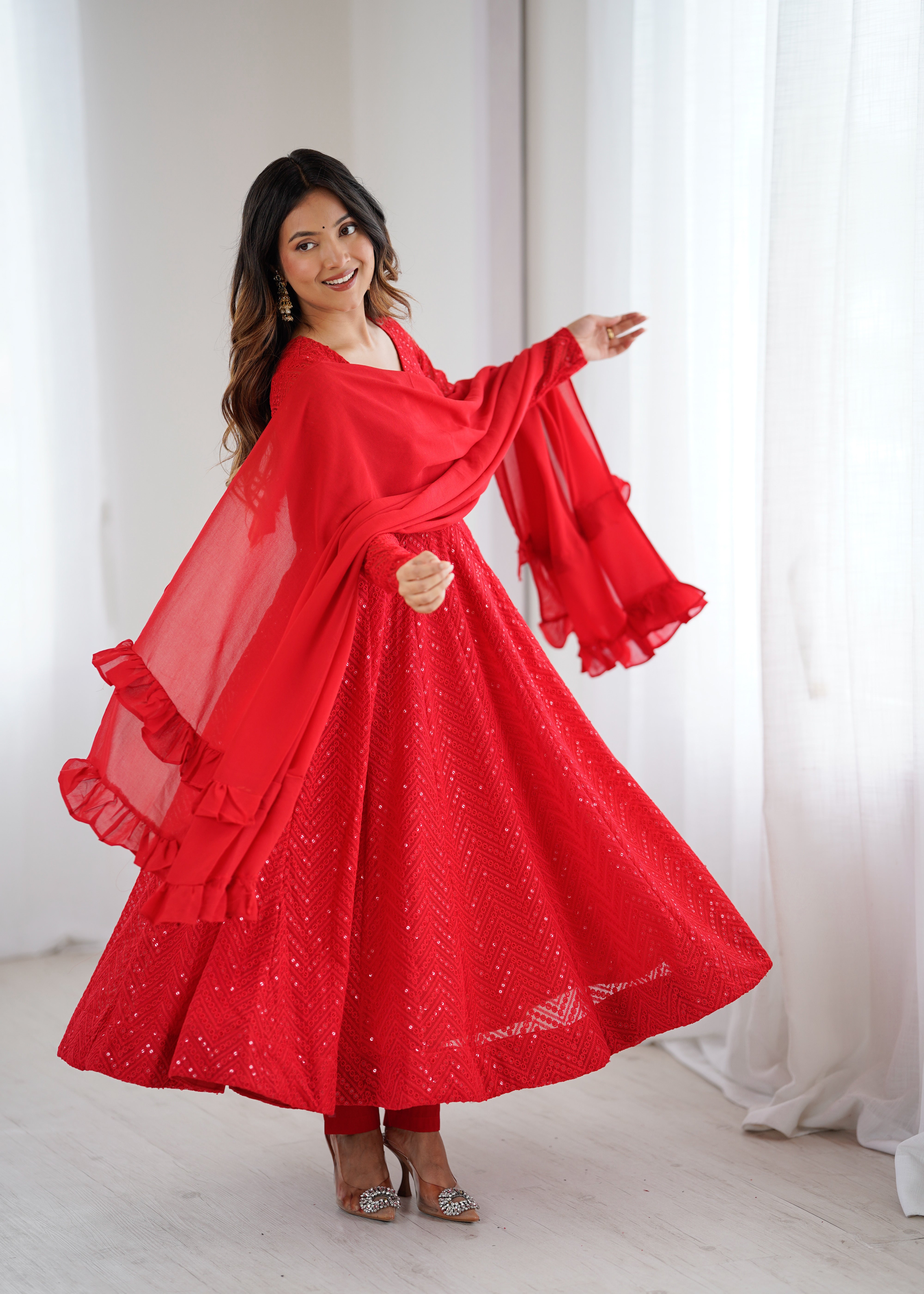 Nardev Fashion Red Color Lucknowi Anarkali Gown Set - Aarti Chauhan - Karva Chauth
