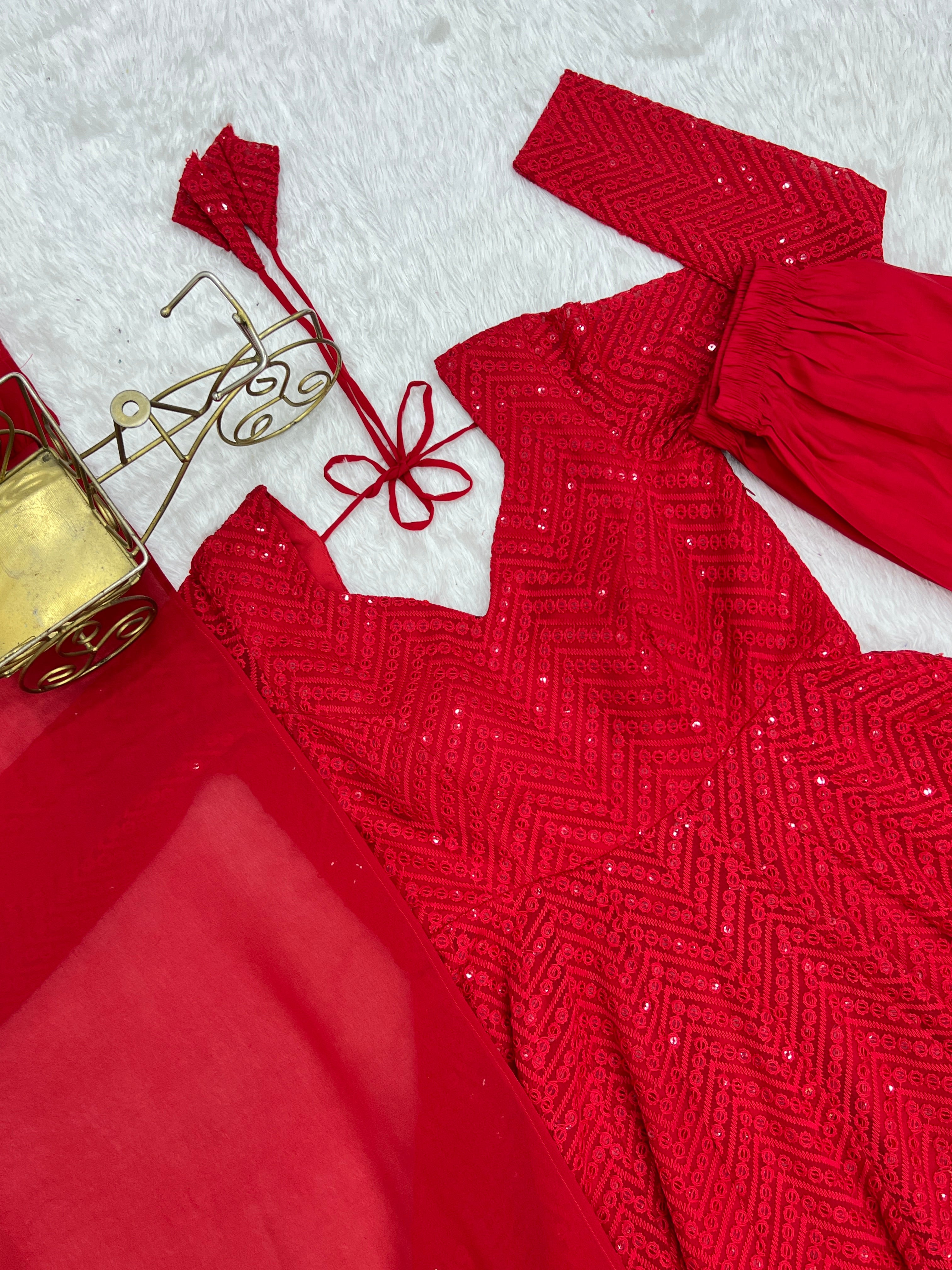 Nardev Fashion Red Color Lucknowi Anarkali Gown Set - Aarti Chauhan - Karva Chauth