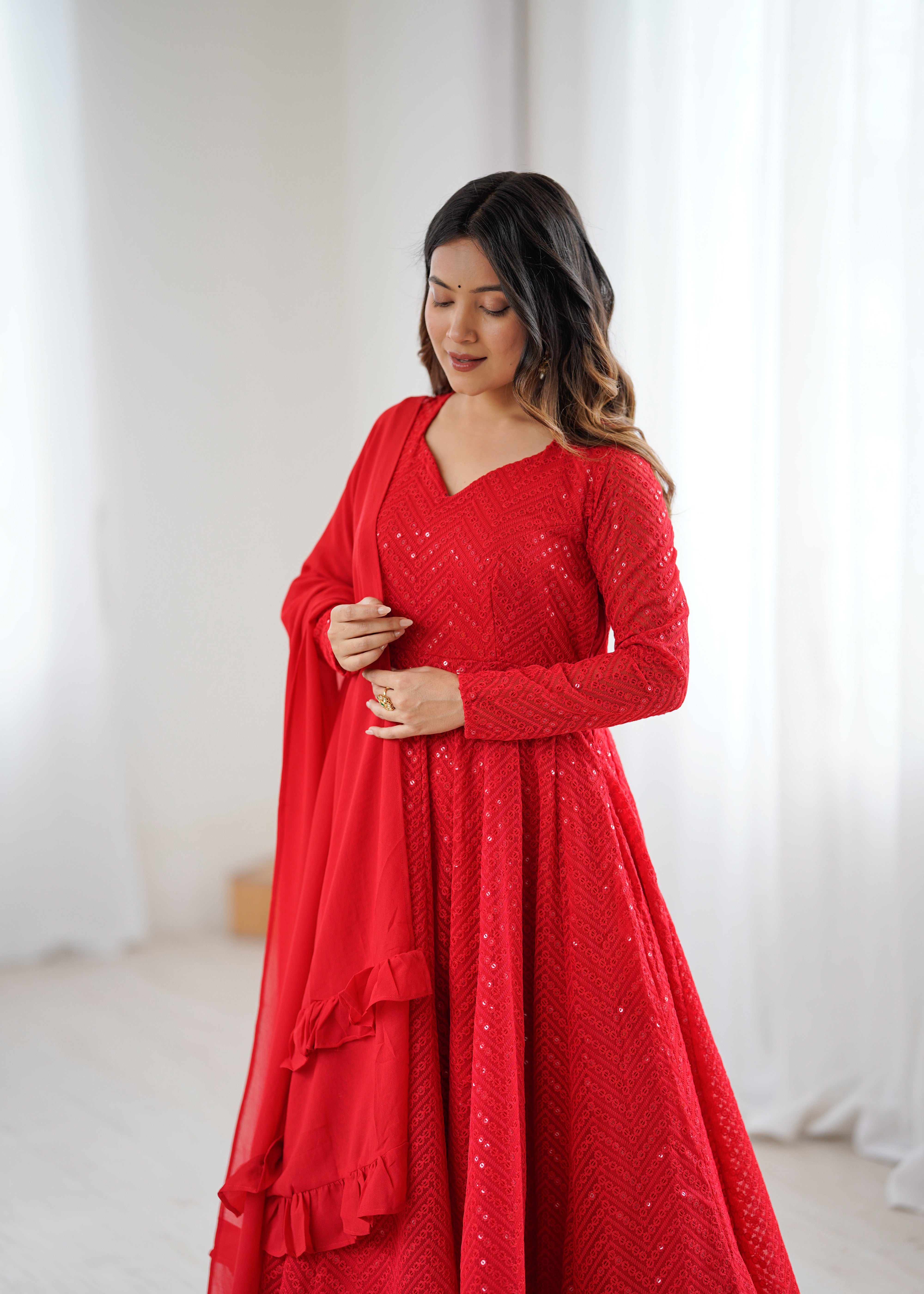 Nardev Fashion Red Color Lucknowi Anarkali Gown Set - Aarti Chauhan - Karva Chauth