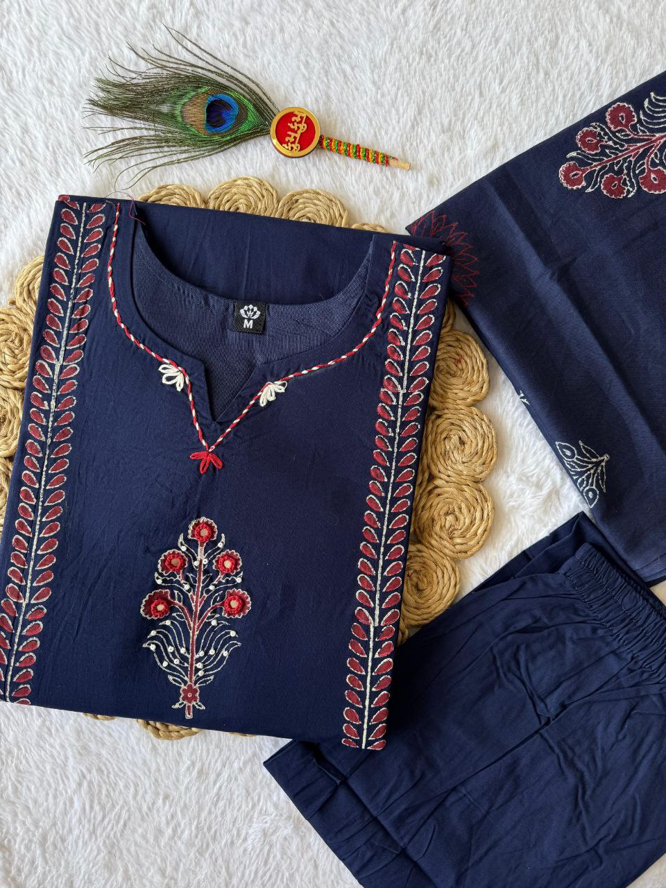 Navyblue Block Print Cotton A-Line Kurti Set | Mirror Work | Nardev Fashion