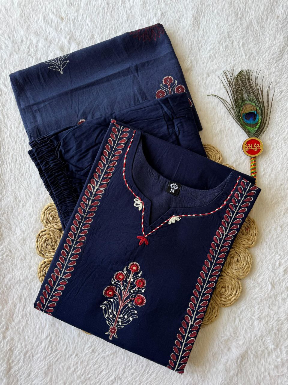 Navyblue Block Print Cotton A-Line Kurti Set | Mirror Work | Nardev Fashion