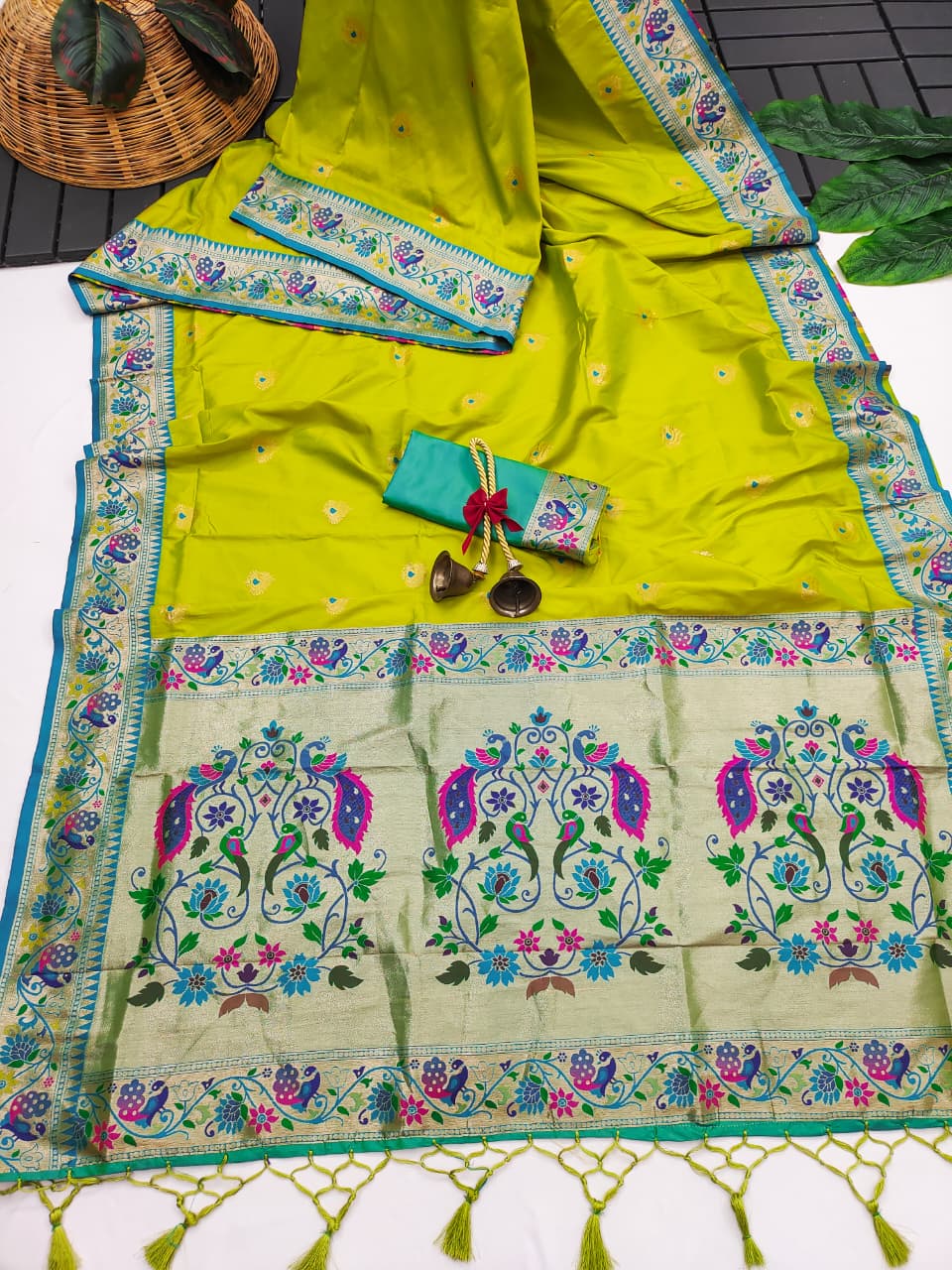 Neon Banarasi Paithani Silk Saree with Zari Pallu | Soft Silk Saree – Nardev Fashion