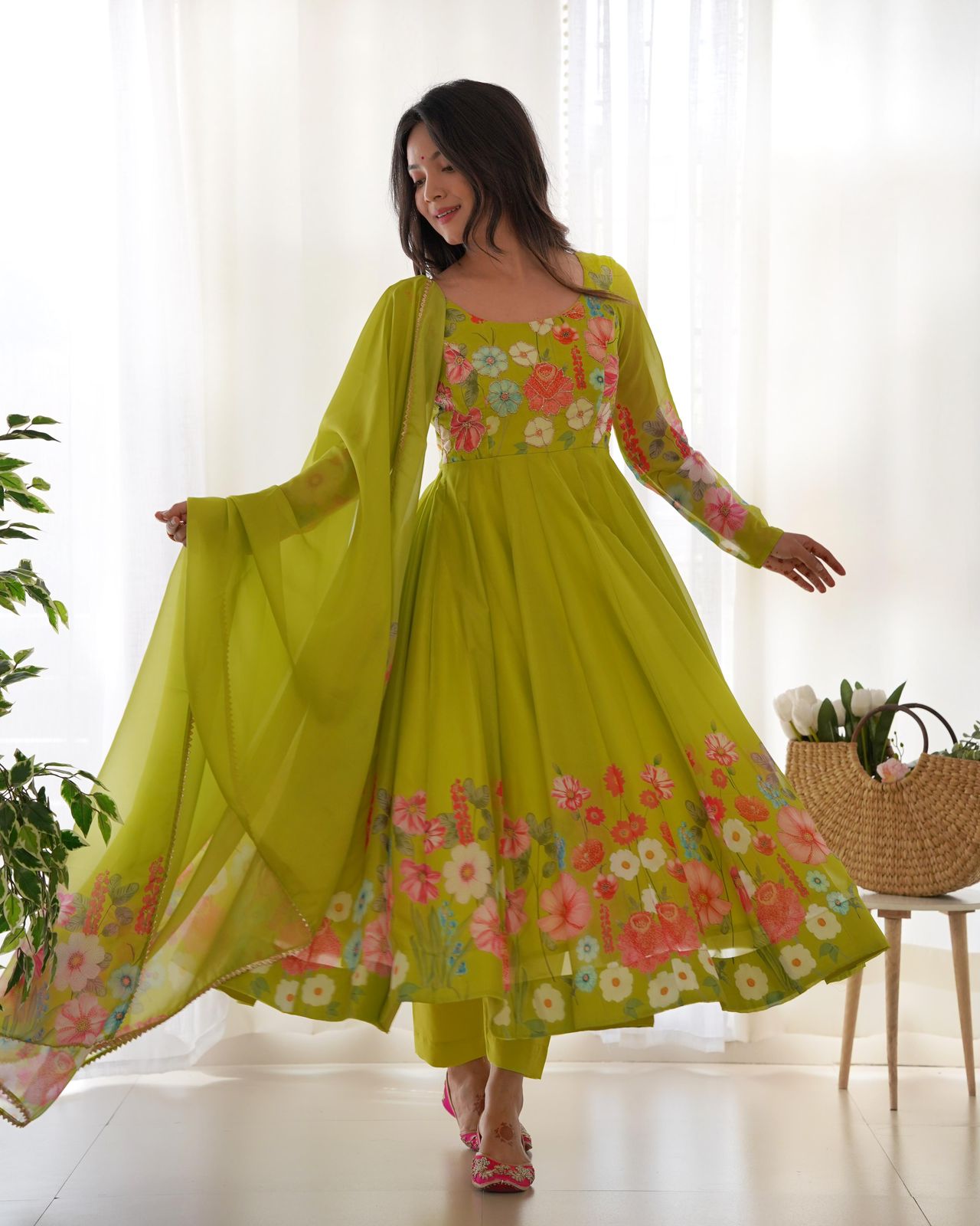 Neon Floral Anarkali Suit Pant Dupatta