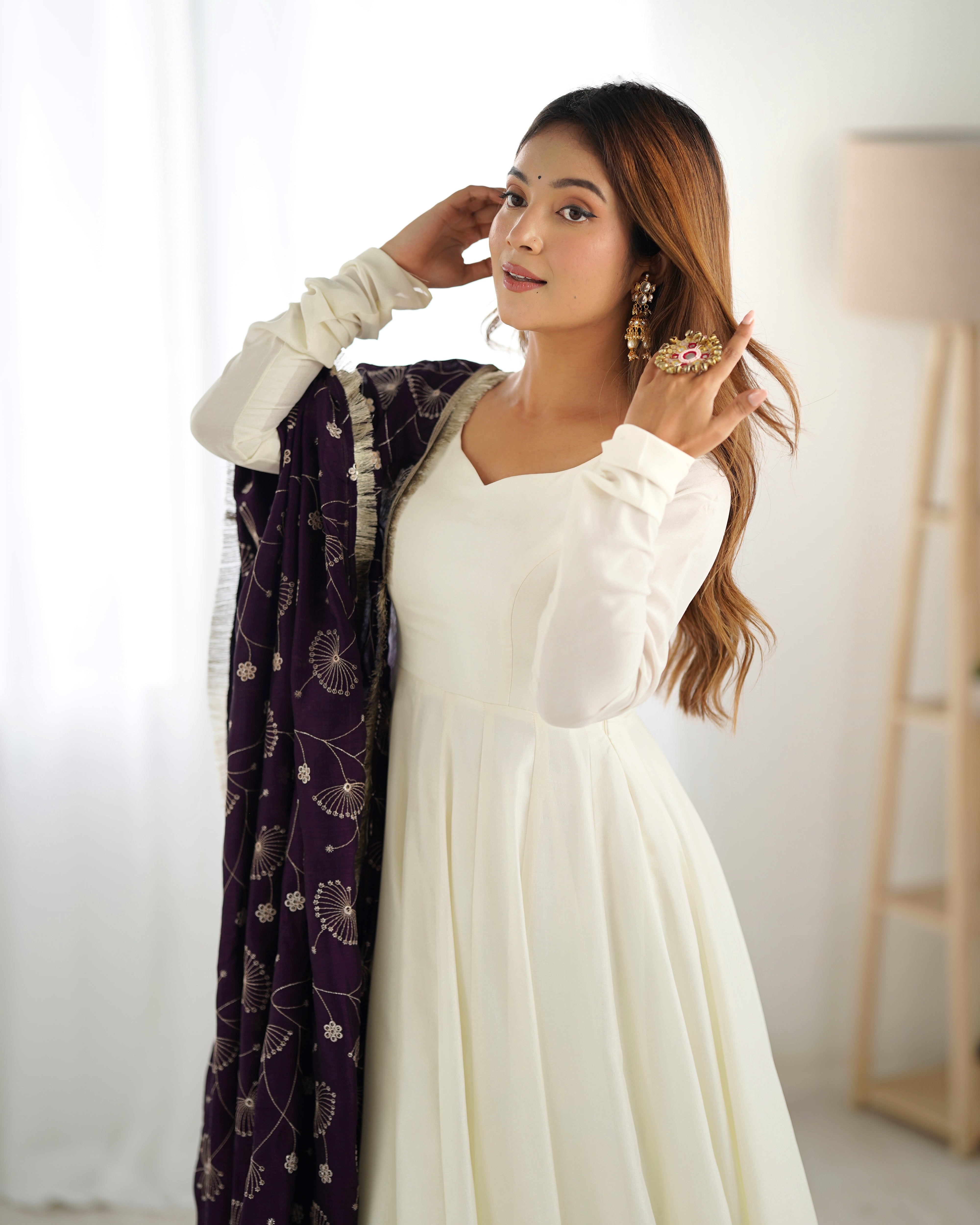 Off White With Wine Dupatta Anarkali Gown