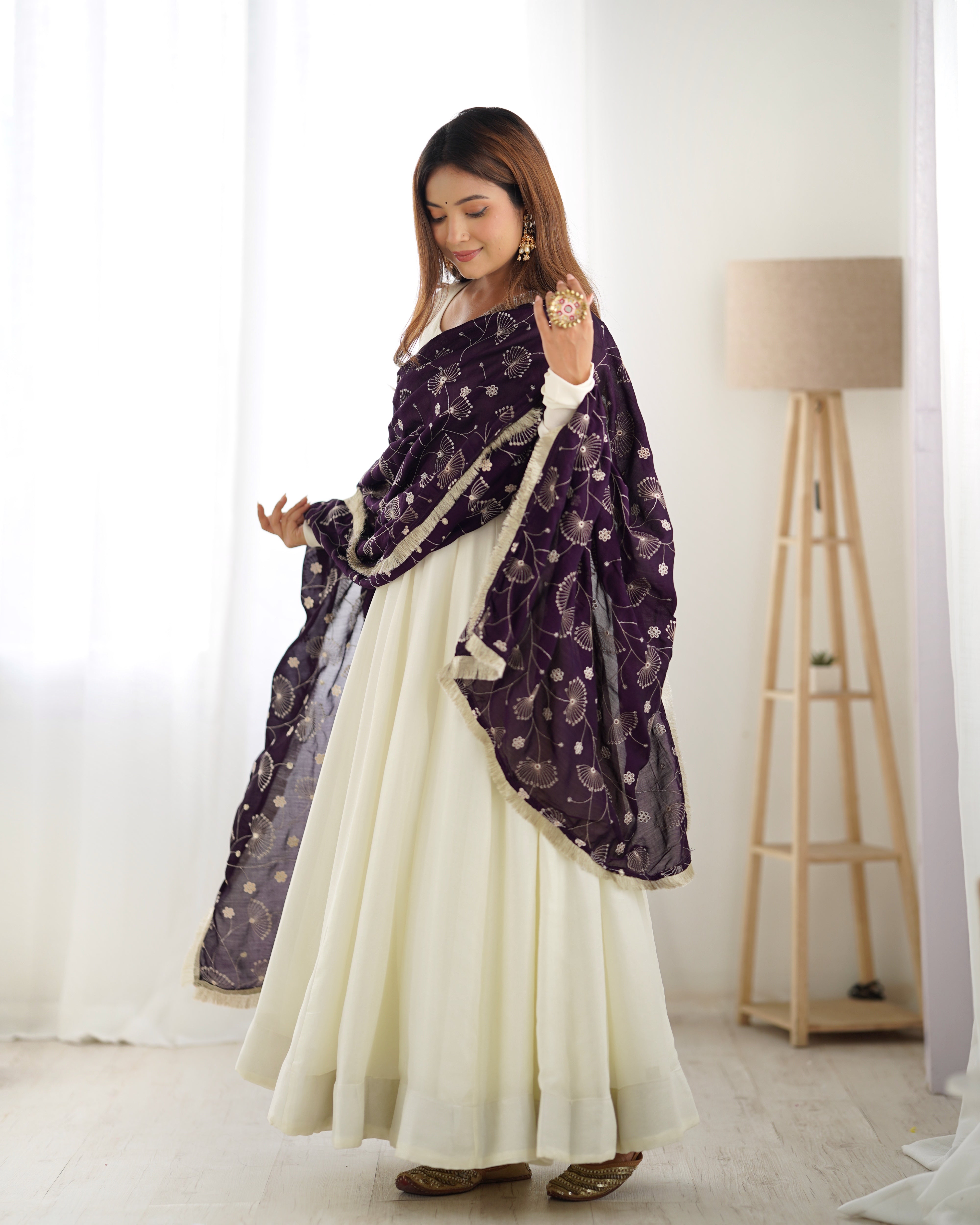 Off White With Wine Dupatta Anarkali Gown-7