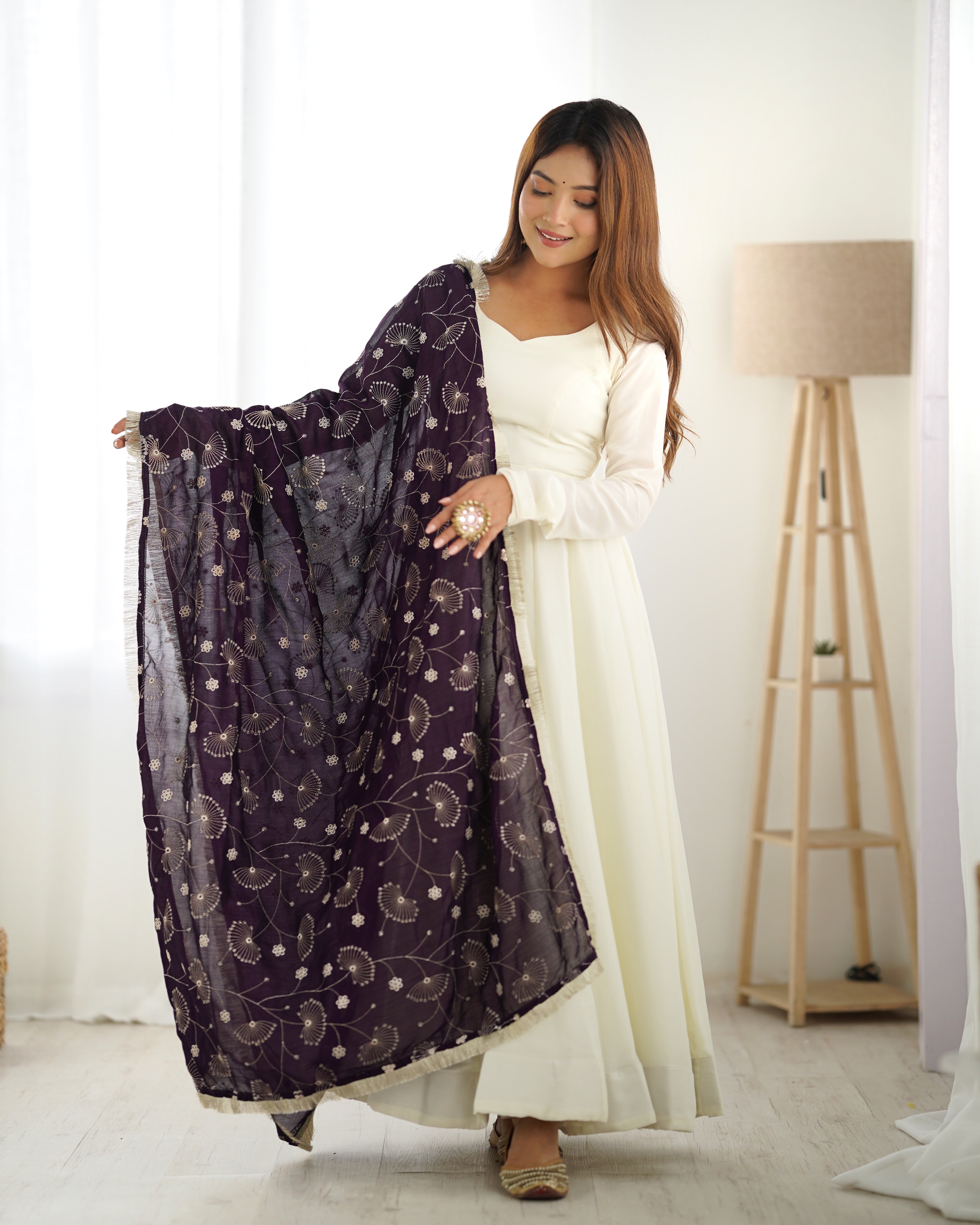 Off White With Wine Dupatta Anarkali Gown