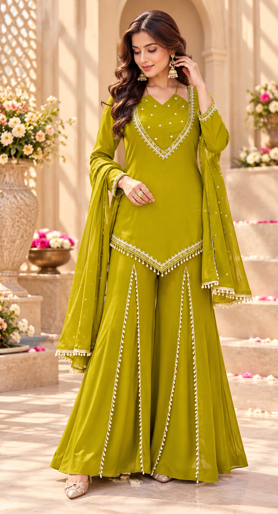 Lime Green Roman Glass Mirror Work Palazzo Suit Set with Chanderi Dupatta