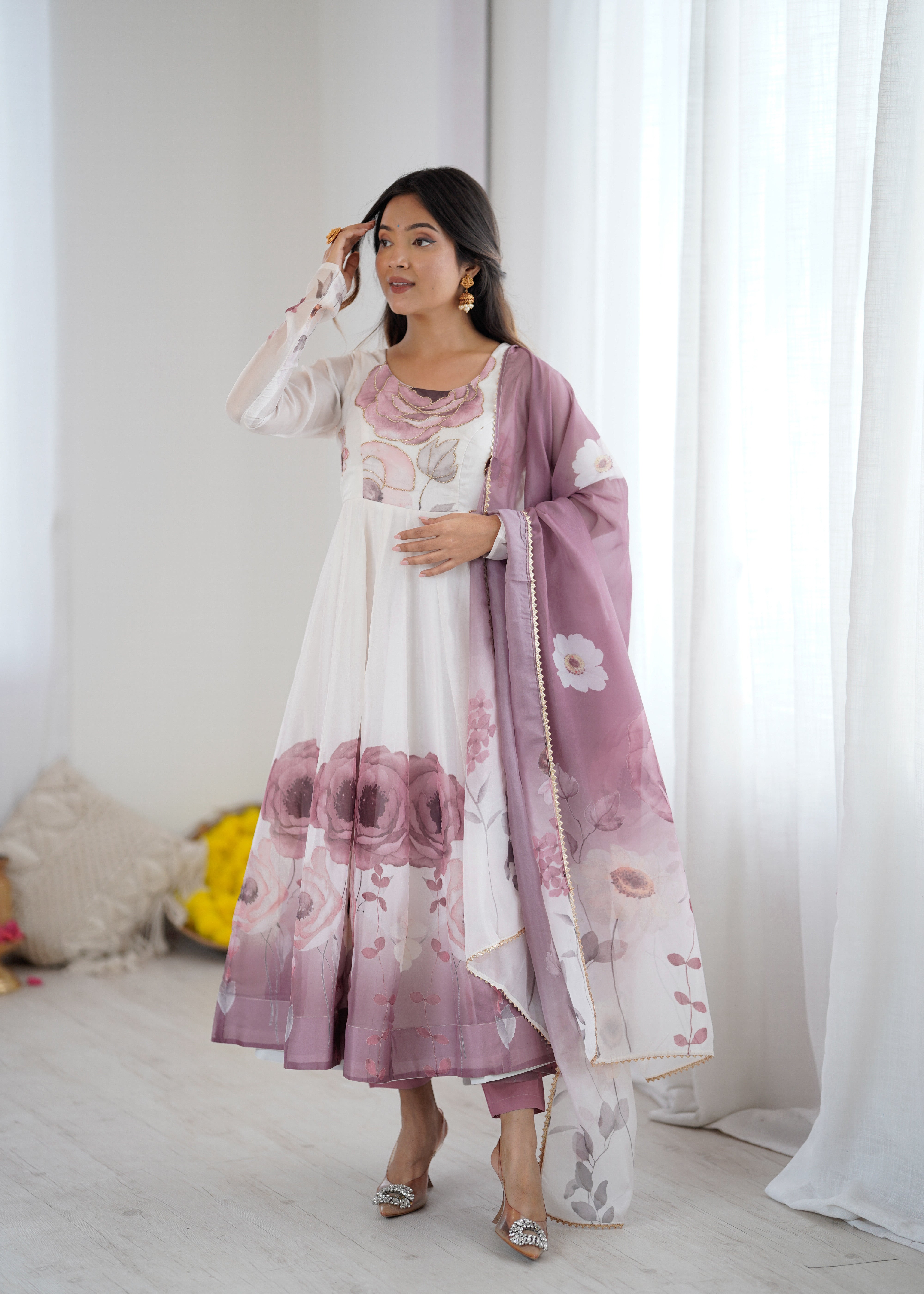Onion Pink Color Festival Floral Anarkali Set - Aarti Chauhan