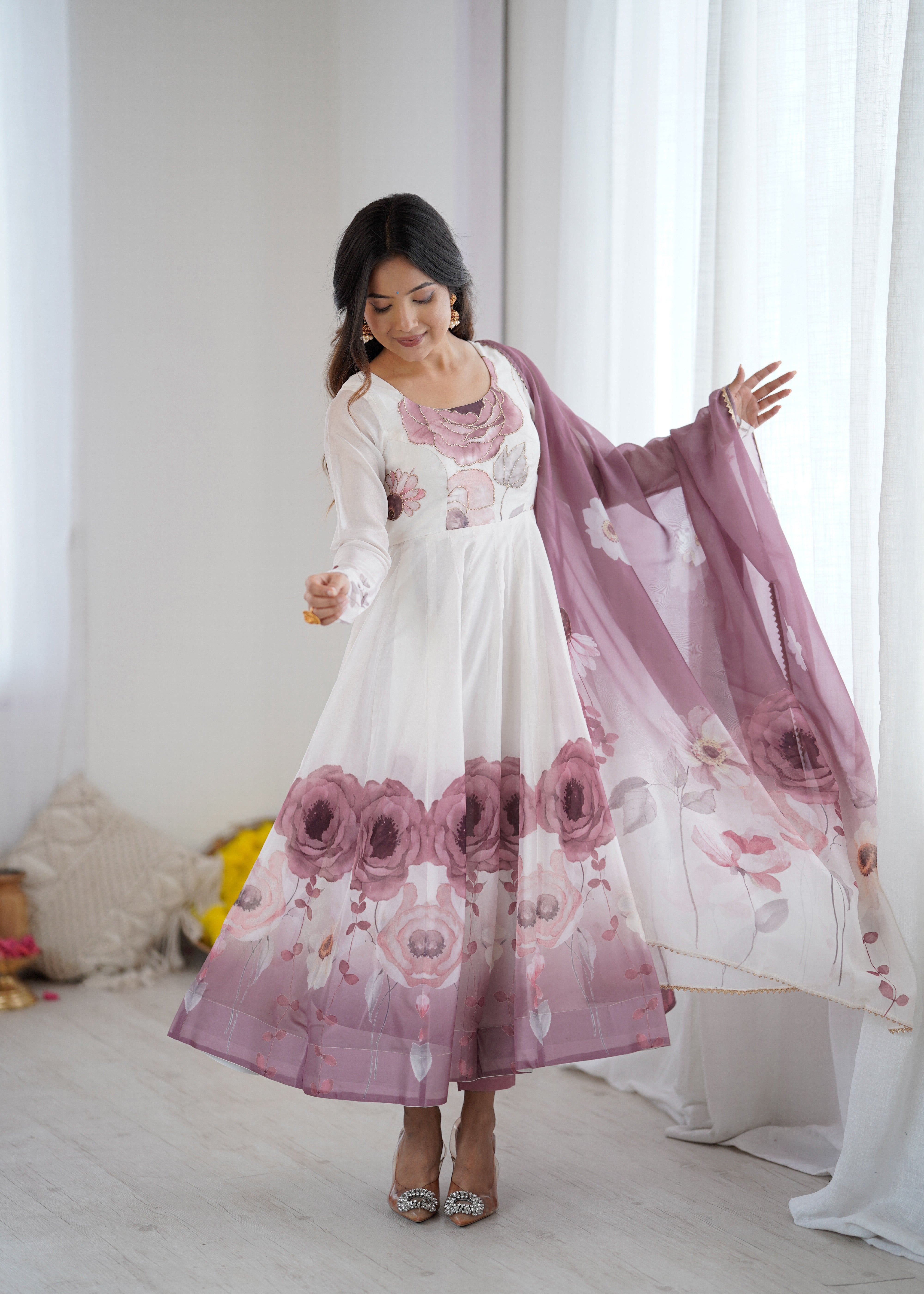 Onion Pink Color Festival Floral Anarkali Set - Aarti Chauhan