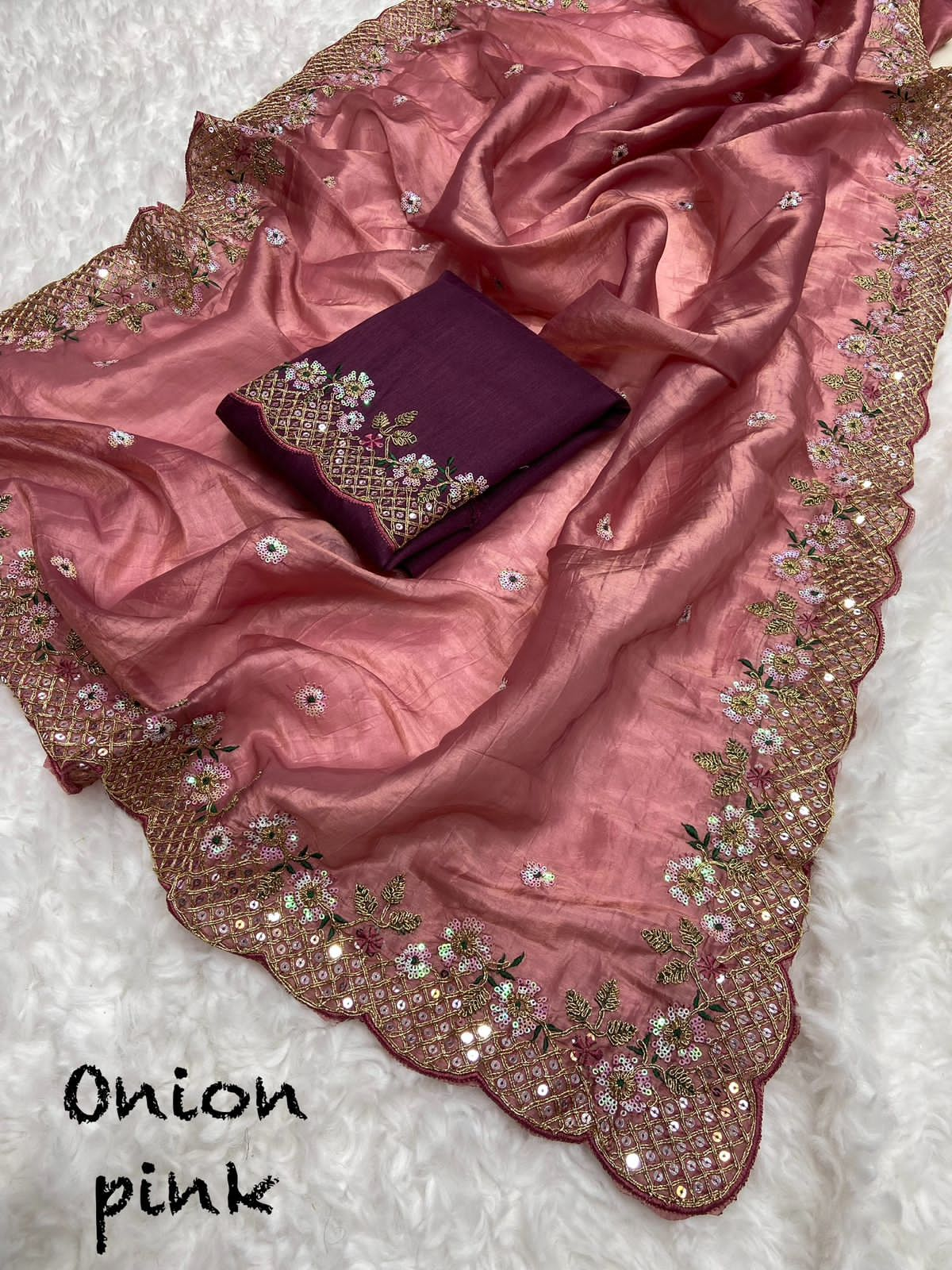 Onion Pink Wedding Gold Crush Saree