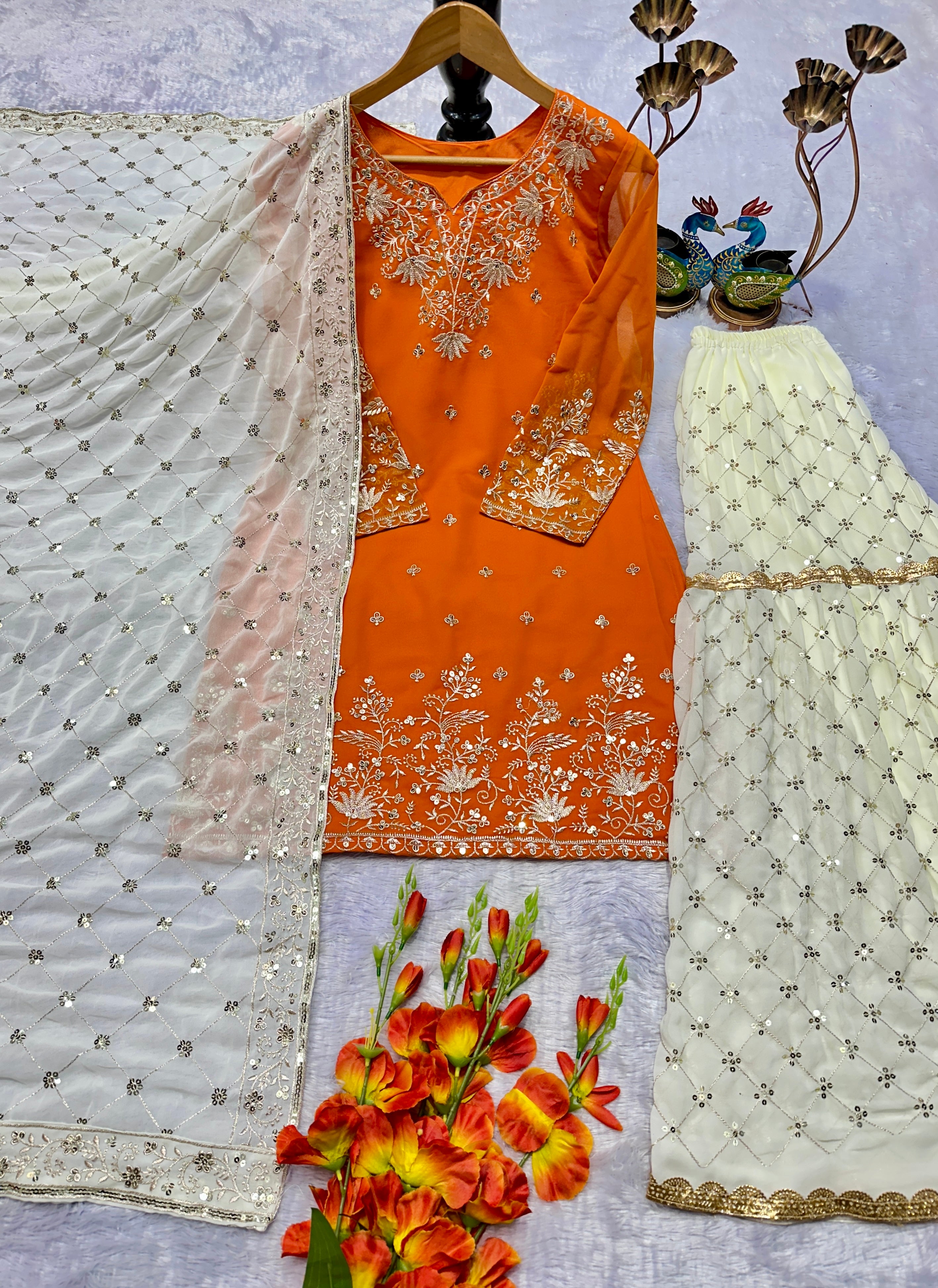 Orange Partywear Top Plazzo Dupatta Set | Nardev Fashion