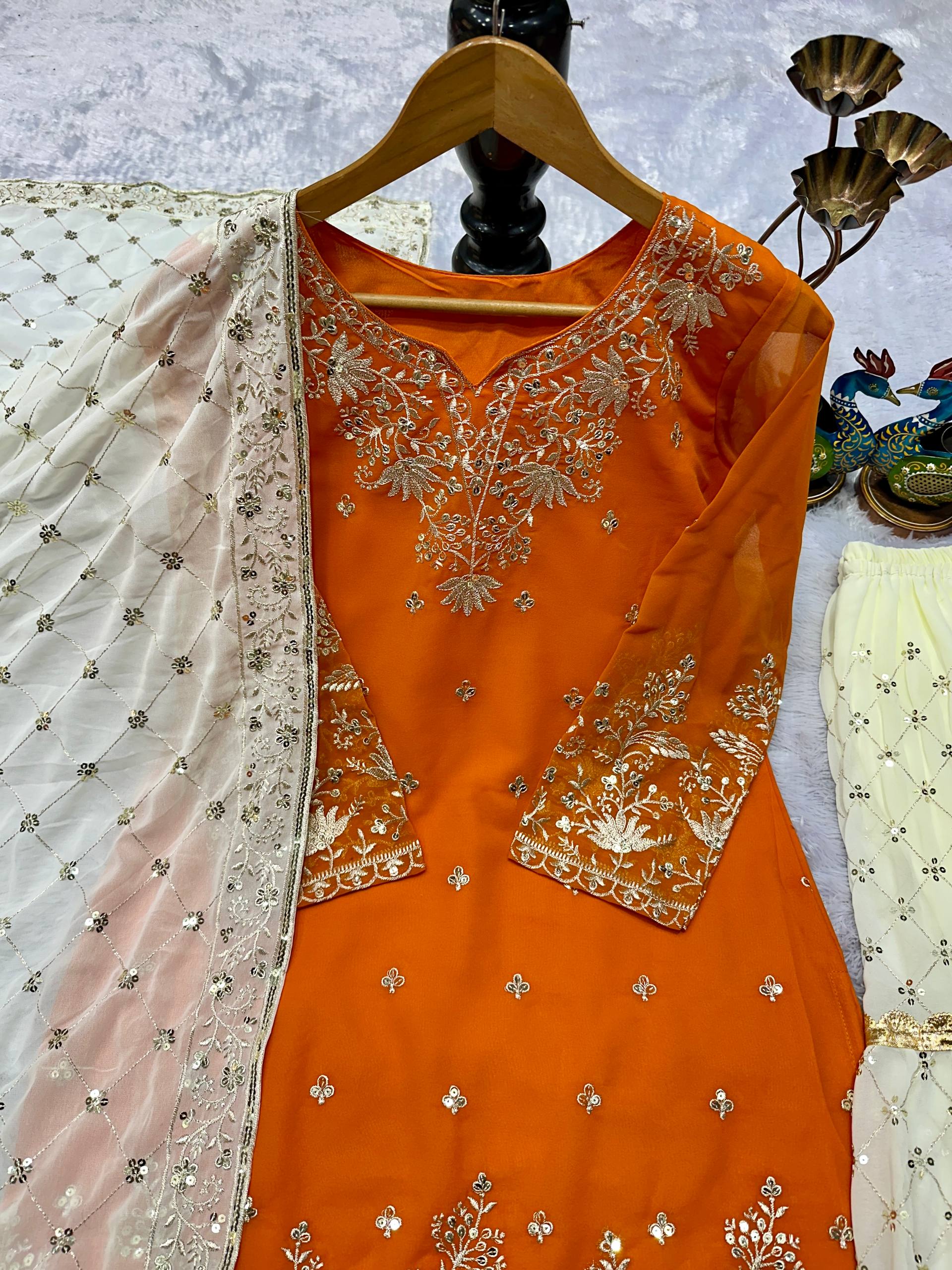 Orange Partywear Top Plazzo Dupatta Set | Nardev Fashion