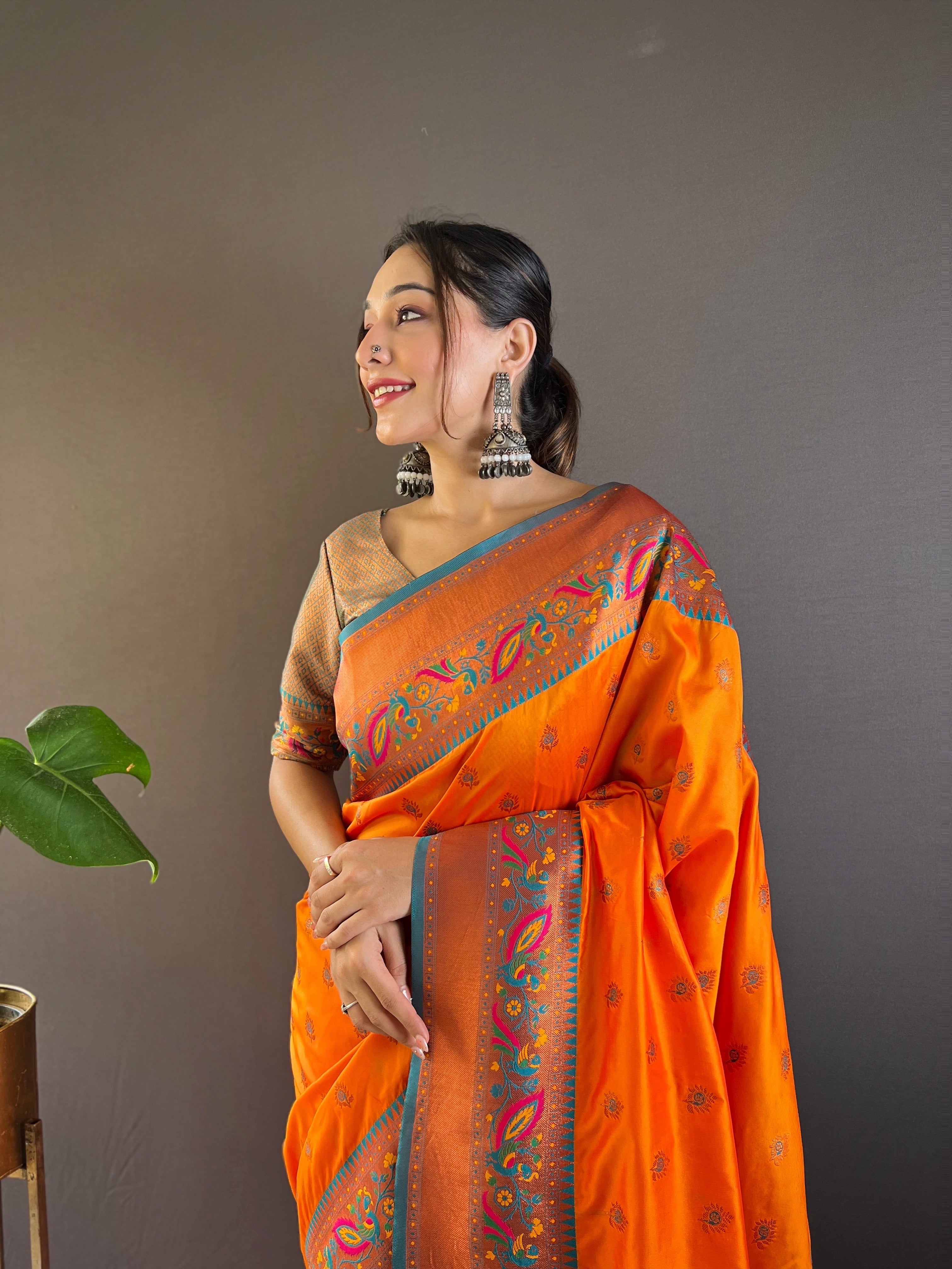 Orange Design Silk Paithani Kanjivaram Saree