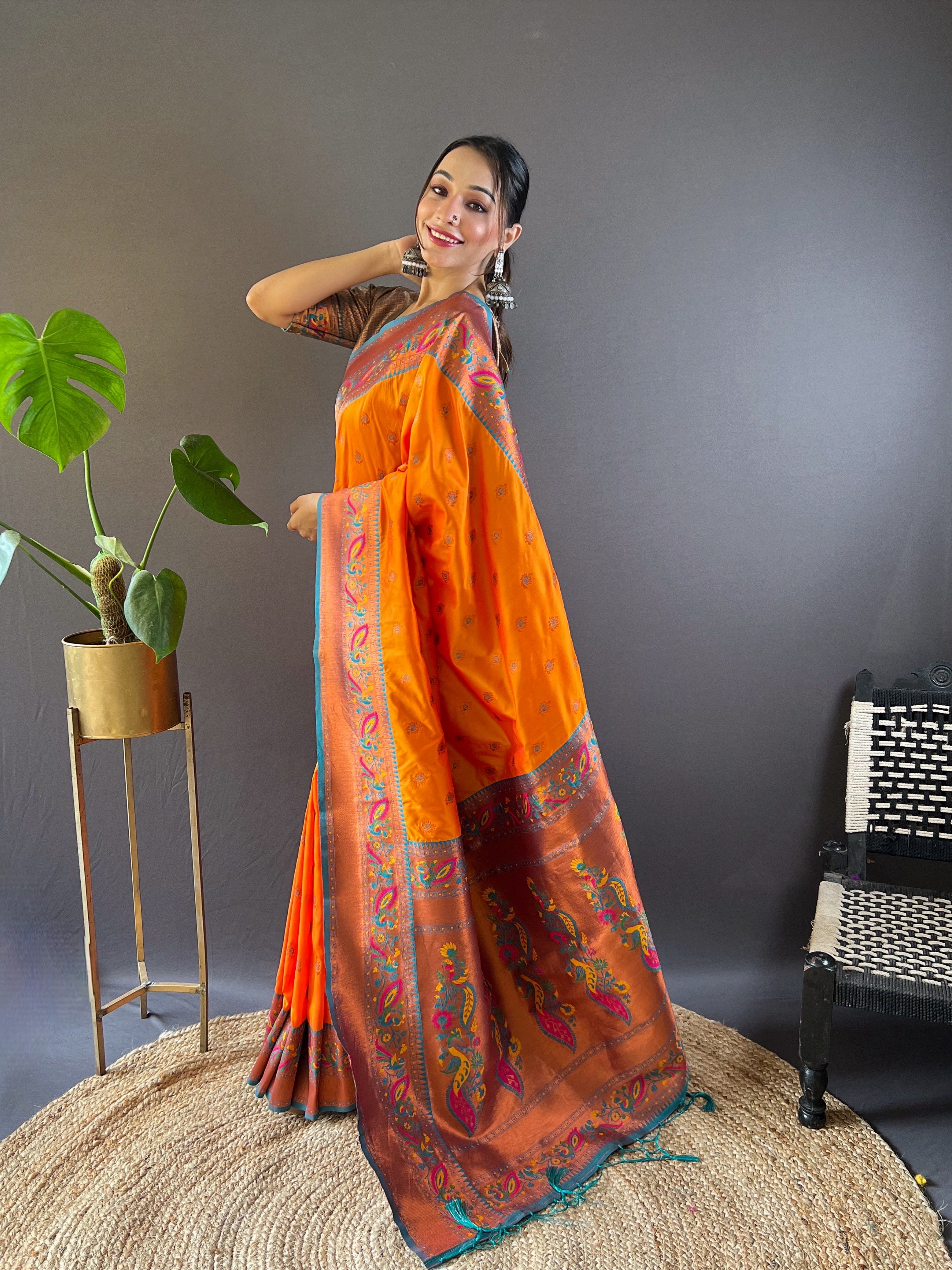 Orange Design Silk Paithani Kanjivaram Saree