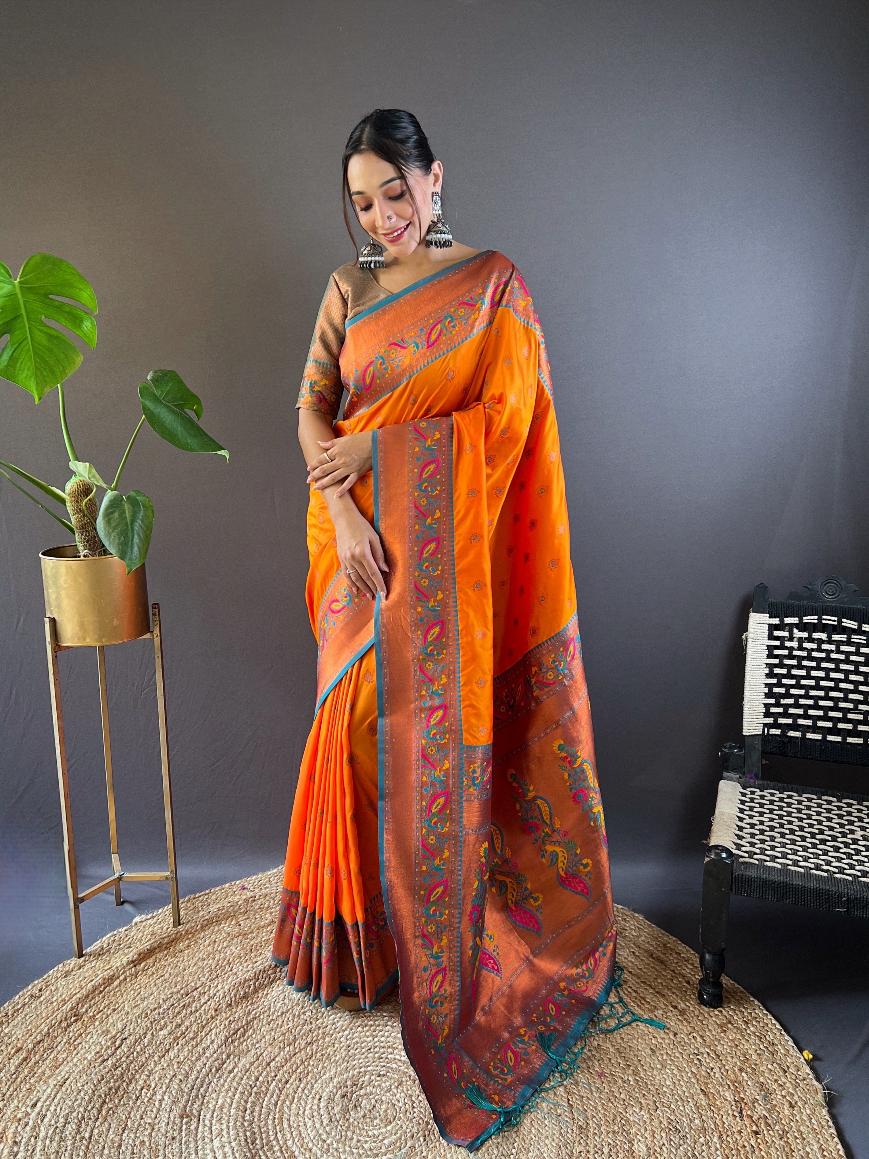 Orange Design Silk Paithani Kanjivaram Saree