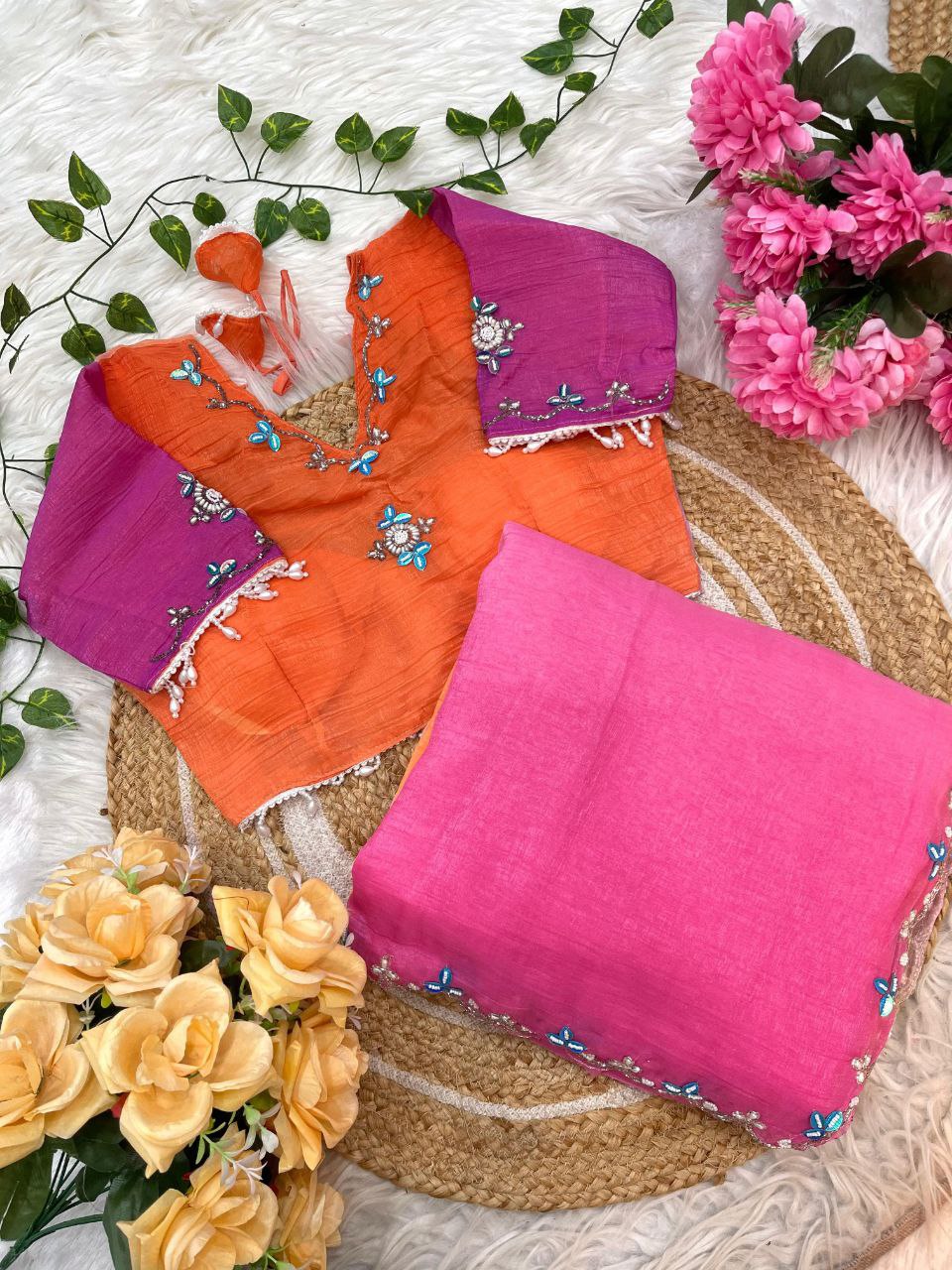 Orange Pink Designer Handwork Saree with Stitched Blouse | Nardev Fashion | Party & Festive Wear