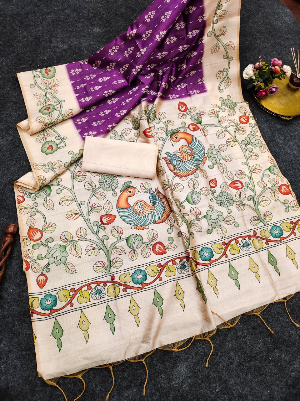 Soft Tussar Silk Saree with Ikat Pattern & Kalamkari Border | Designer Traditional Saree