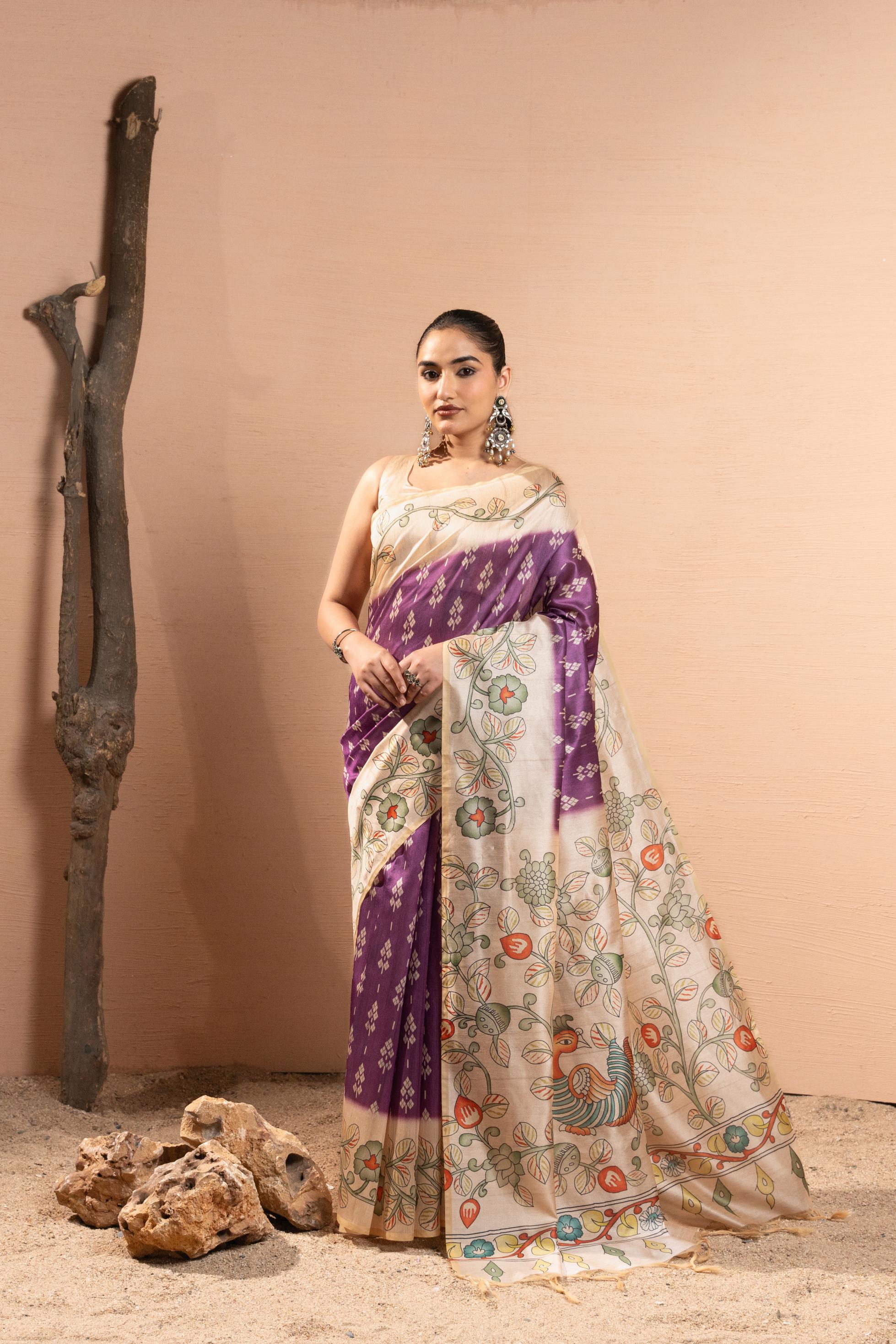 Soft Tussar Silk Saree with Ikat Pattern & Kalamkari Border | Designer Traditional Saree