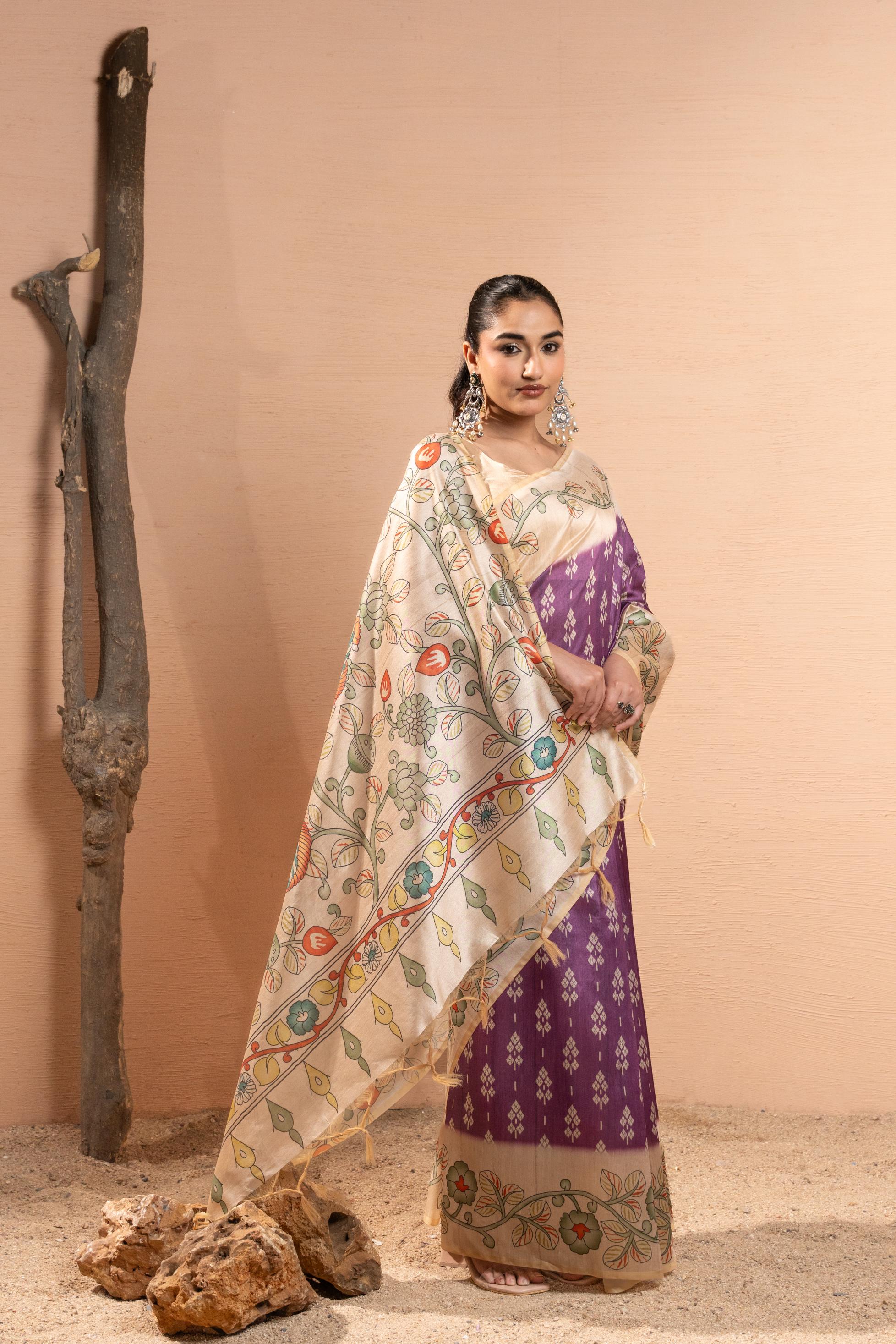 Soft Tussar Silk Saree with Ikat Pattern & Kalamkari Border | Designer Traditional Saree