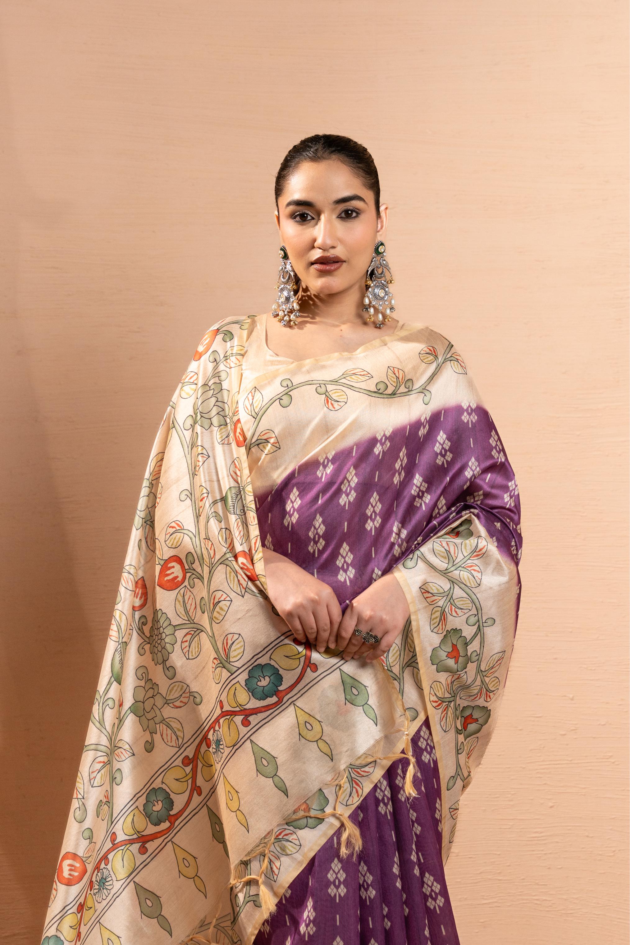 Soft Tussar Silk Saree with Ikat Pattern & Kalamkari Border | Designer Traditional Saree