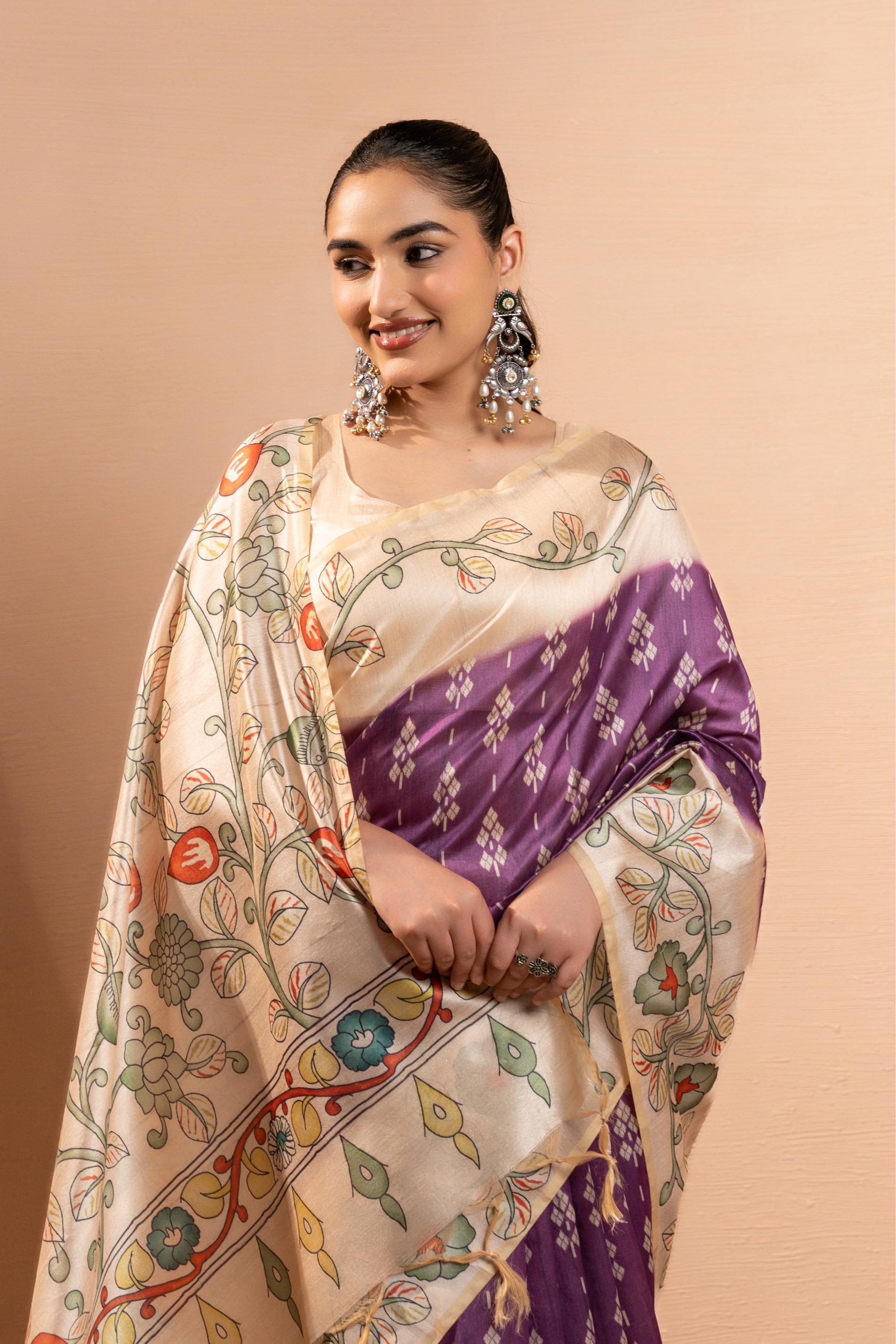 Soft Tussar Silk Saree with Ikat Pattern & Kalamkari Border | Designer Traditional Saree