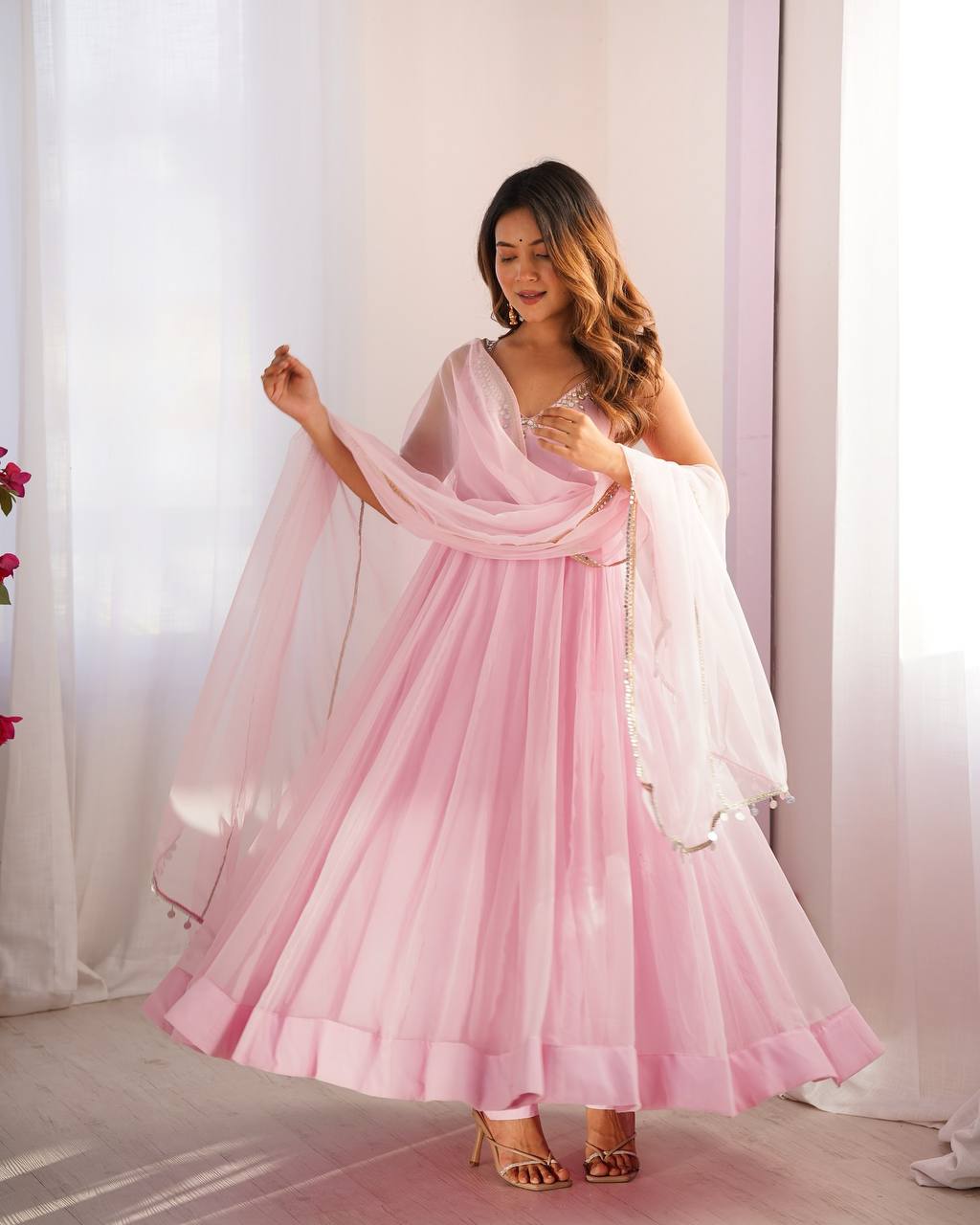 Pastel Pink Mirror Work Anarkali Suit Set with Dupatta