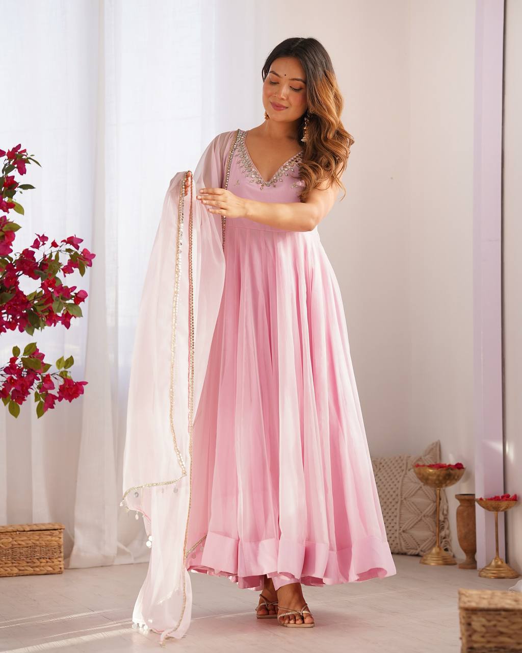 Pastel Pink Mirror Work Anarkali Suit Set with Dupatta