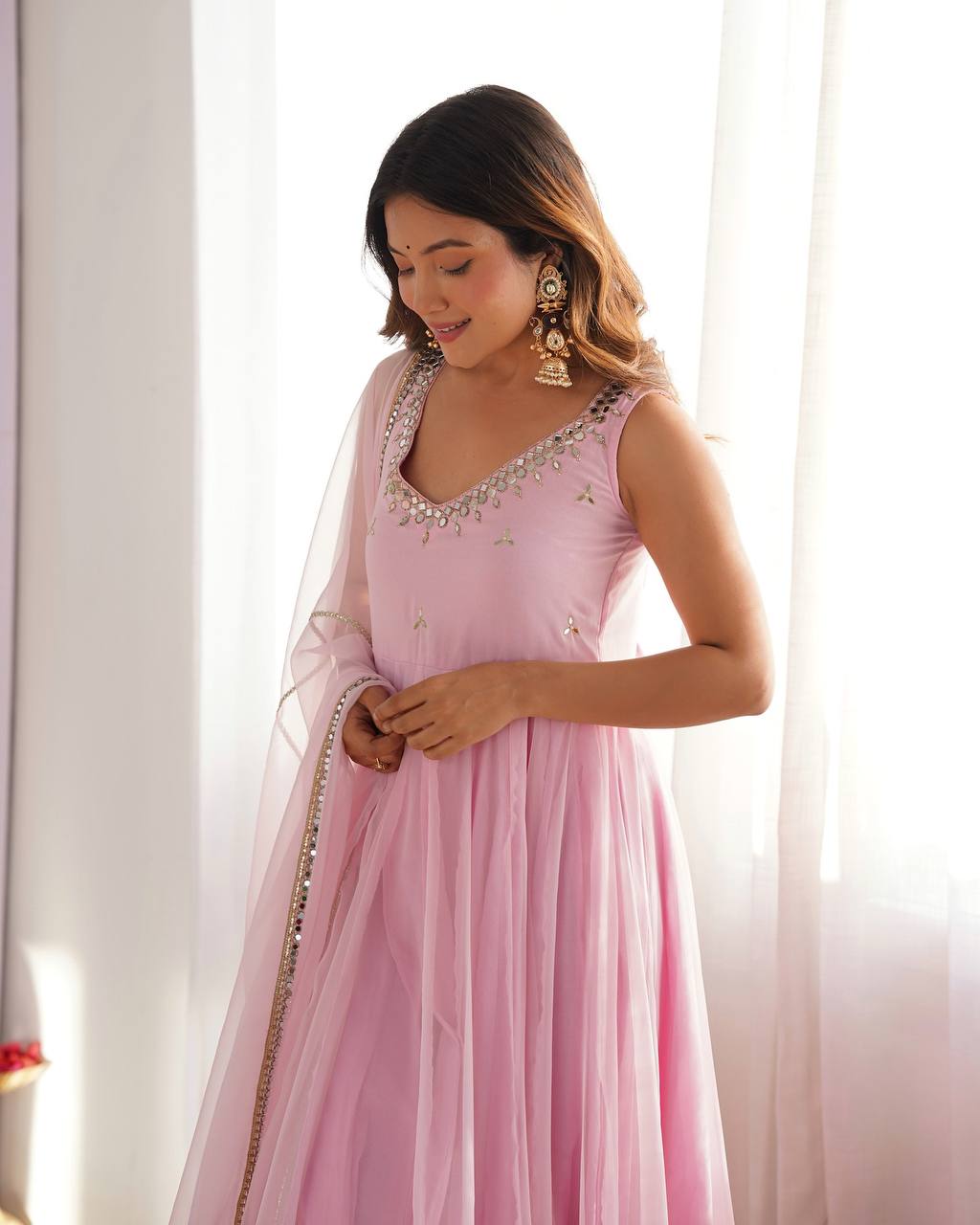 Pastel Pink Mirror Work Anarkali Suit Set with Dupatta
