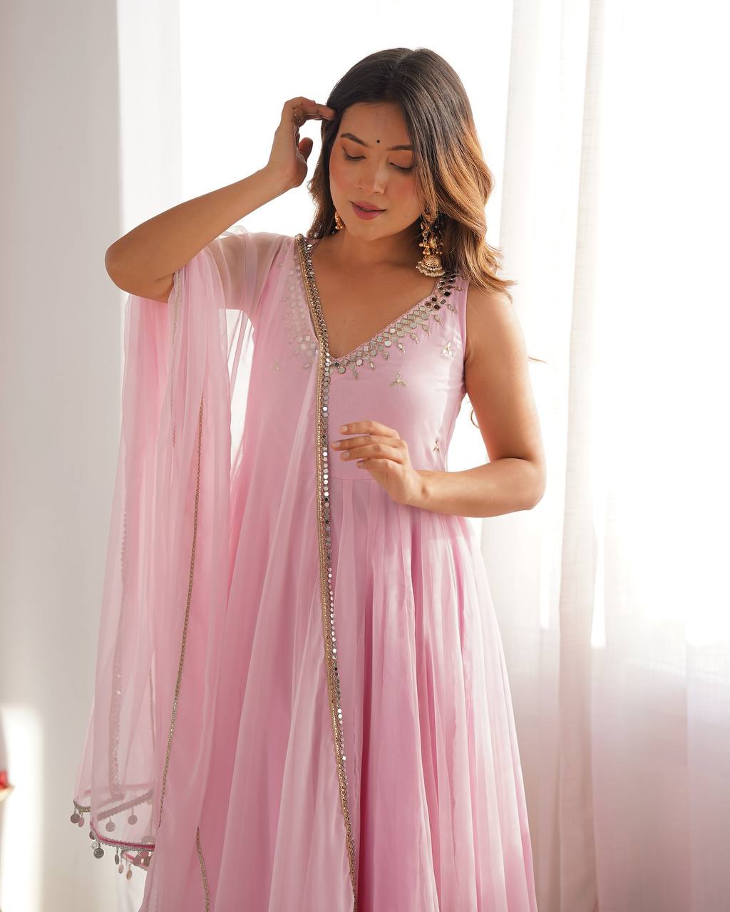 Pastel Pink Mirror Work Anarkali Suit Set with Dupatta