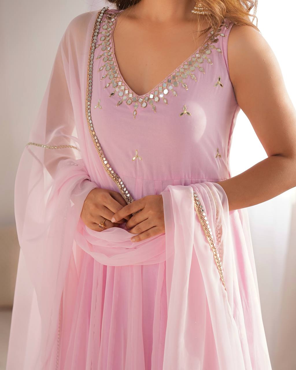 Pastel Pink Mirror Work Anarkali Suit Set with Dupatta