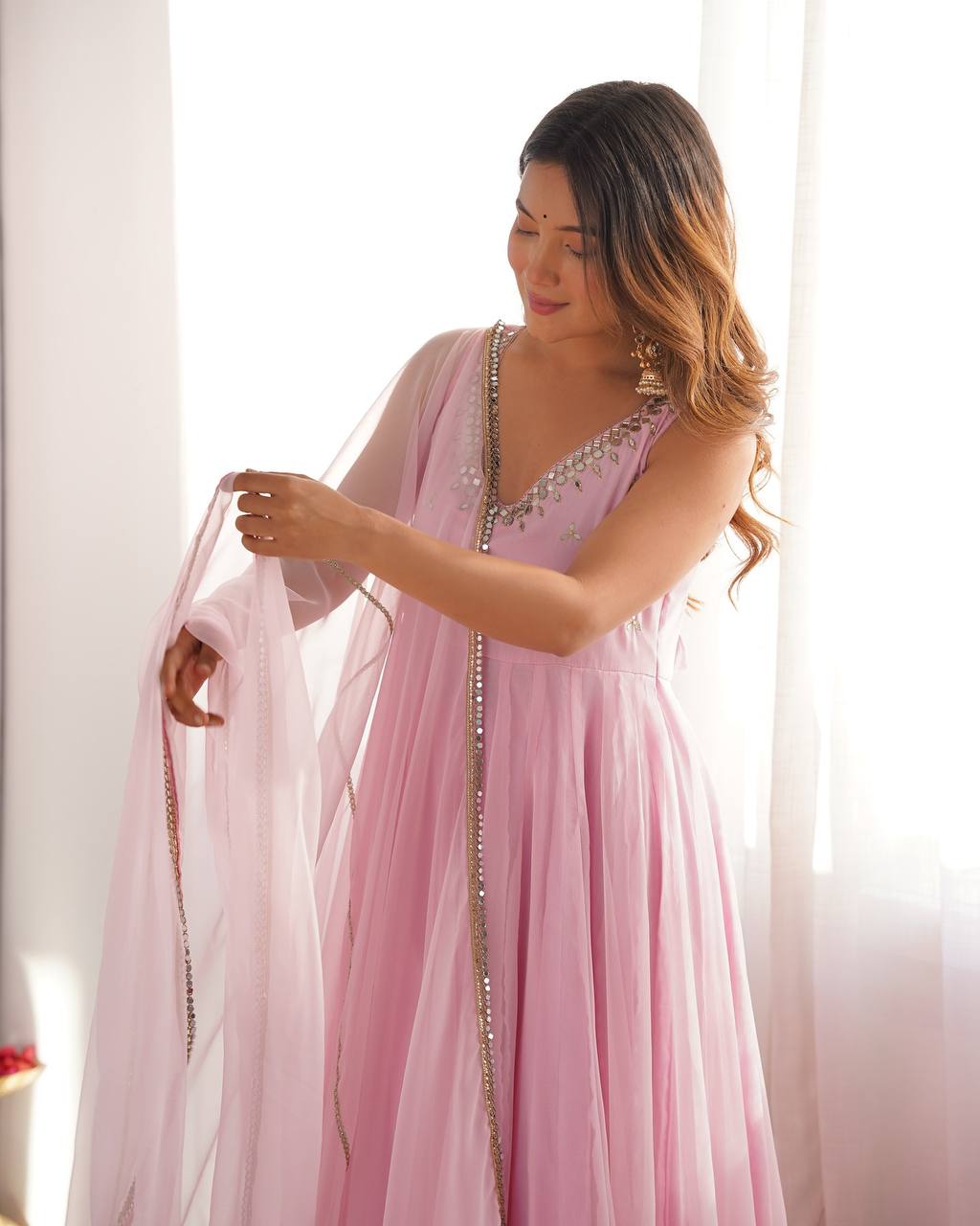 Pastel Pink Mirror Work Anarkali Suit Set with Dupatta