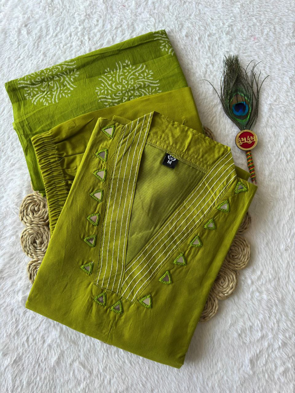 Parrot Color Cotton A-Line Kurti Pant Dupatta Set | Nardev Fashion