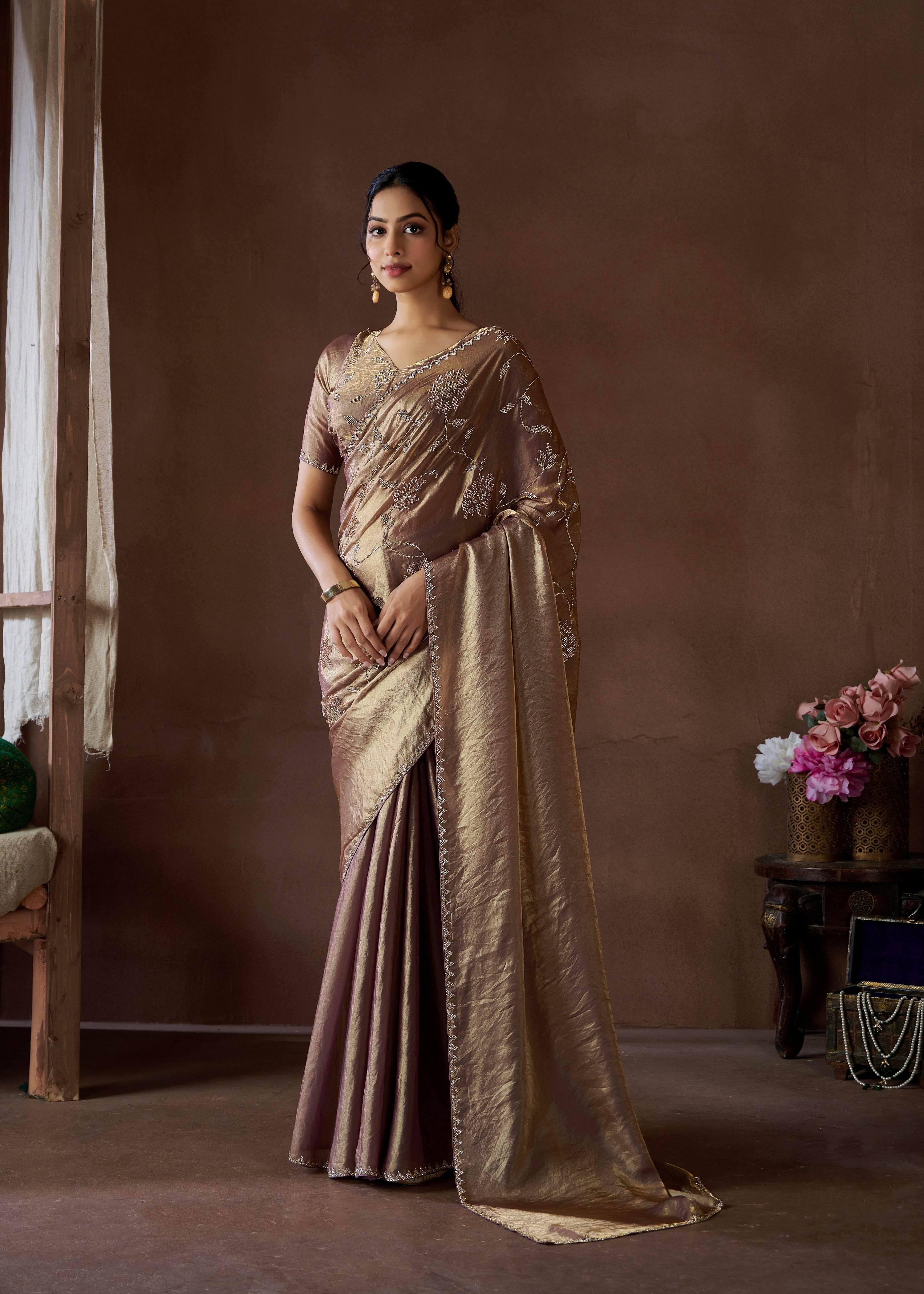 Party Wear Satin Handwork Silk Saree