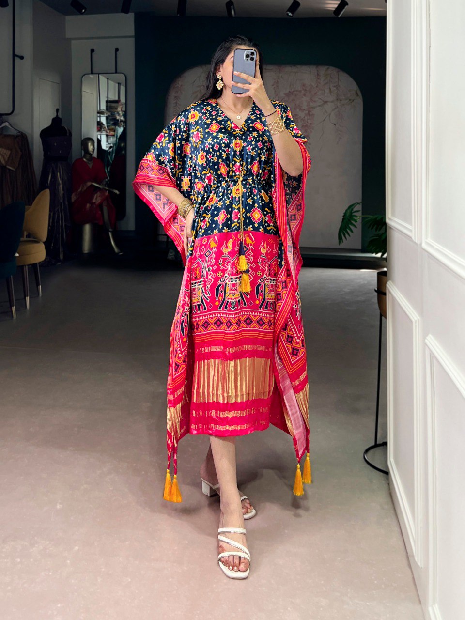 Patola Elephant Print Pure Gajji Silk Kaftan | Nardev Fashion